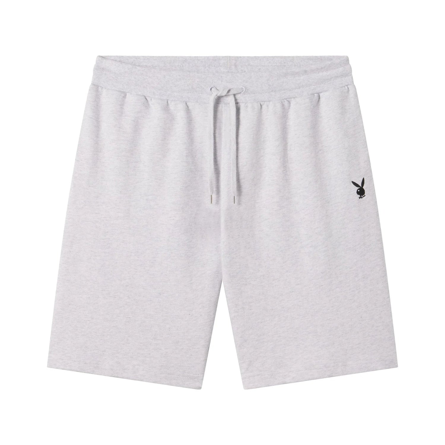 Light grey men's sweat shorts with drawstring waist and black bunny logo on left leg
