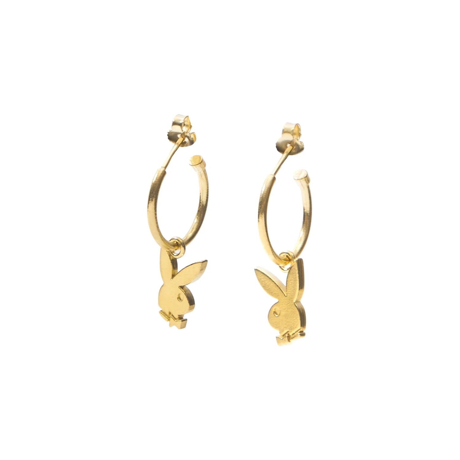 Gold hoop earrings with bunny head charms on white background, fashion jewelry accessory