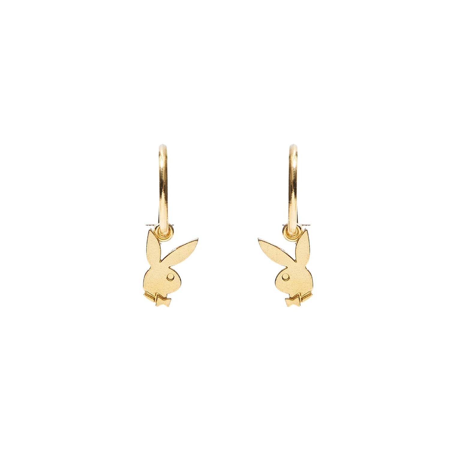 Gold-tone bunny hoop earrings with dangling rabbit charms on a white background