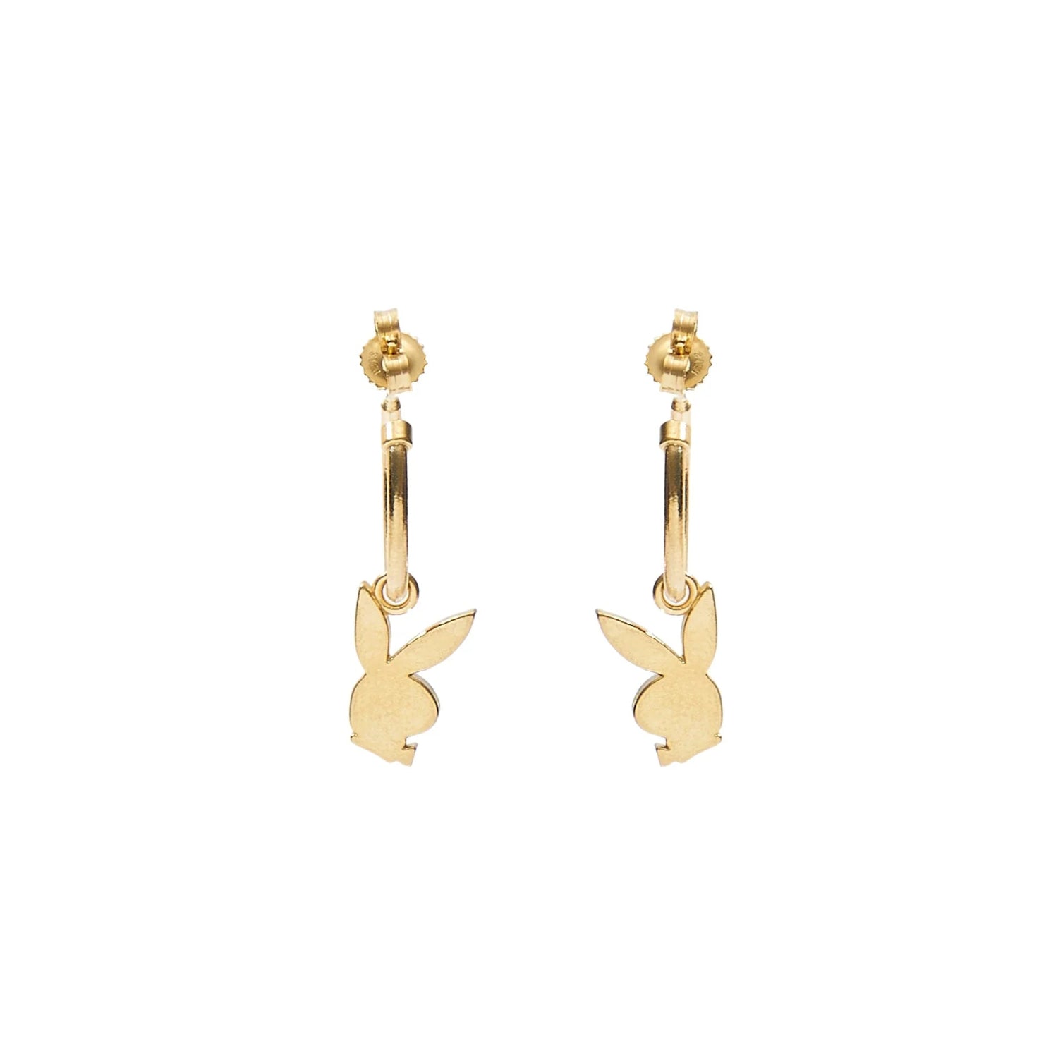 Gold huggie hoop earrings with bunny-shaped charms on a white background