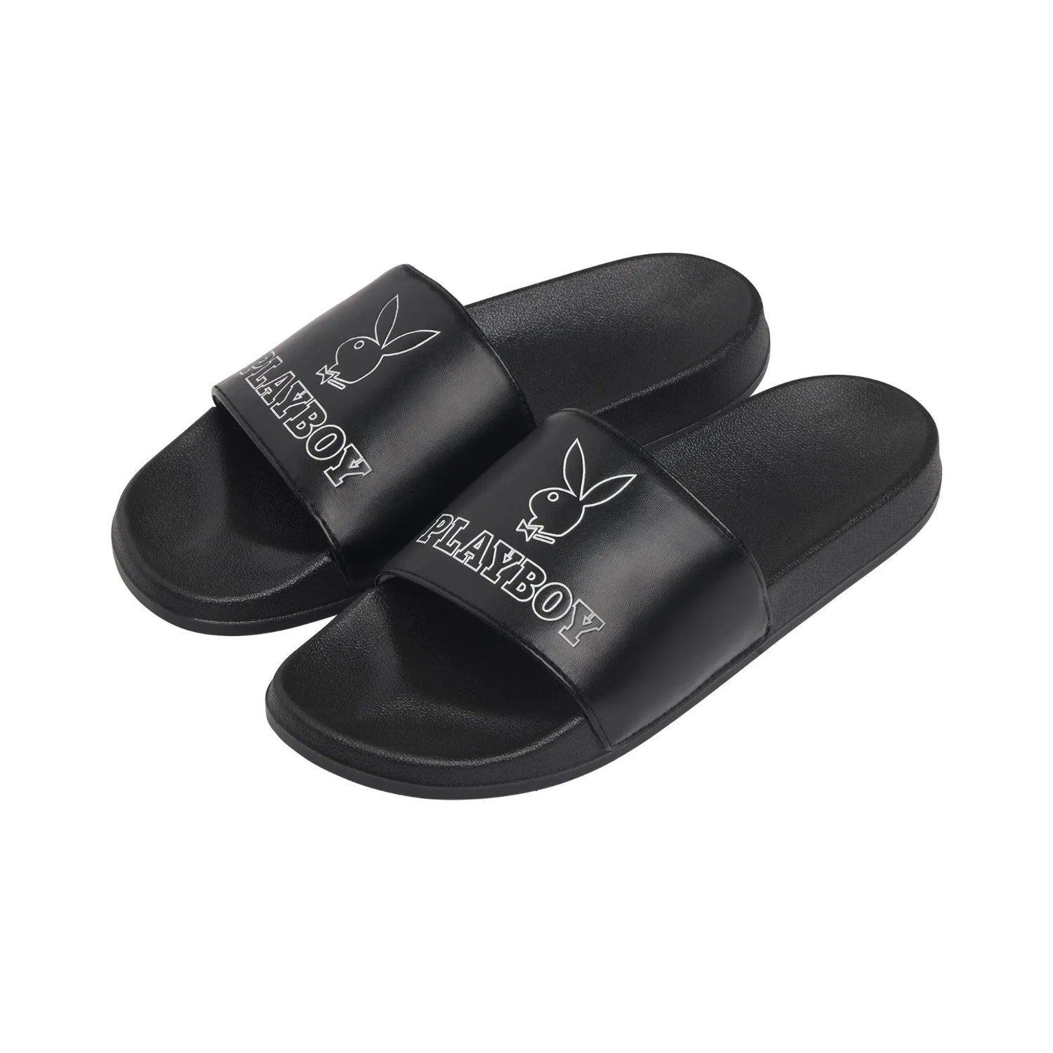 Black slide sandals with white rabbit logo and bold text on straps, lifestyle footwear