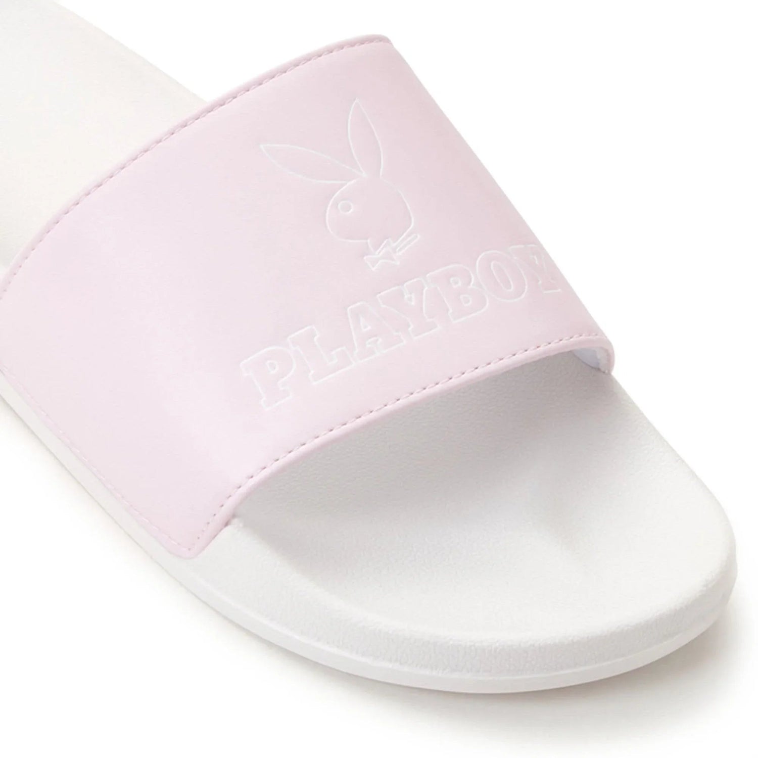 Light pink slide sandal with embossed bunny logo and text on white footbed
