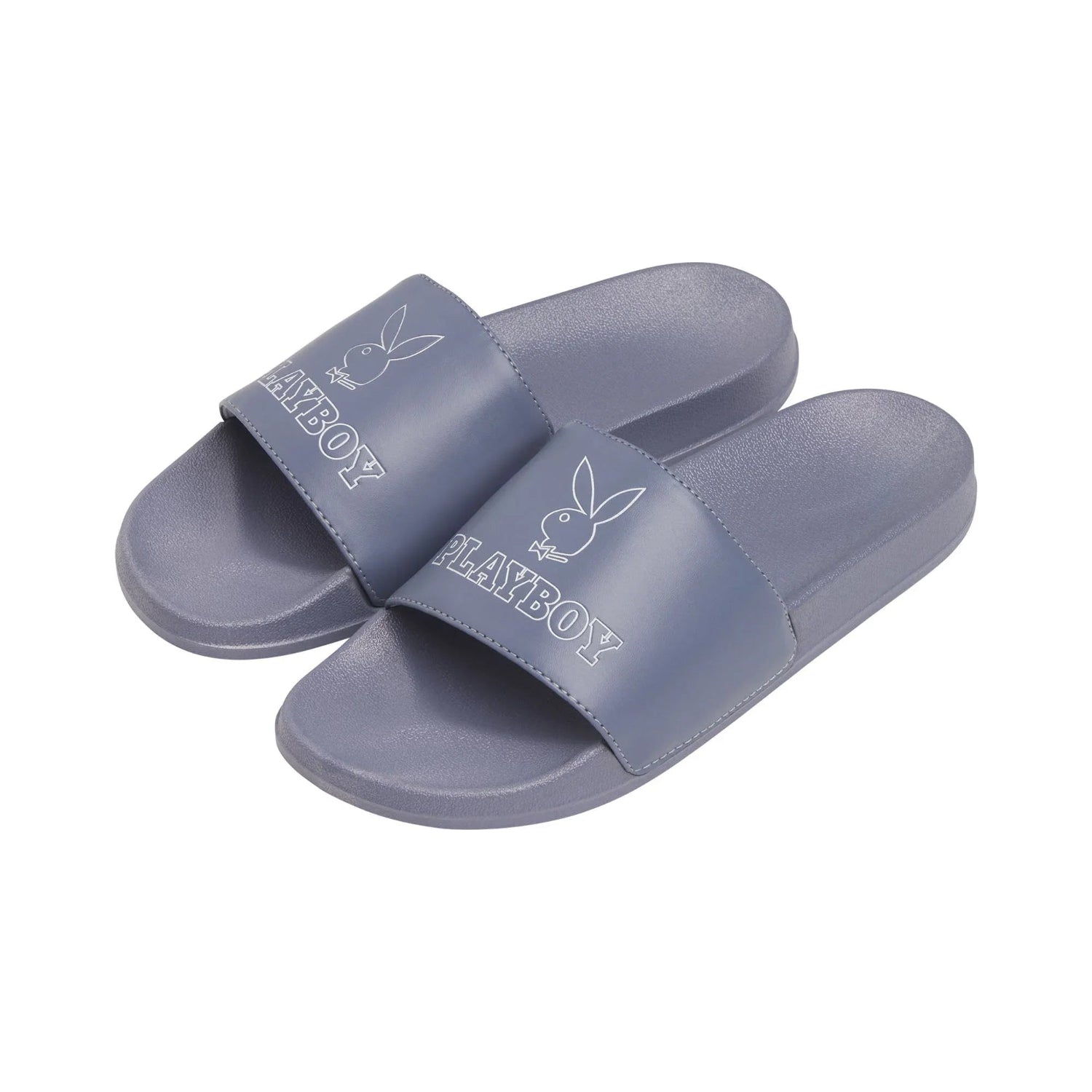 Purple slide sandals with bunny logo and text on straps, open-toe, casual footwear