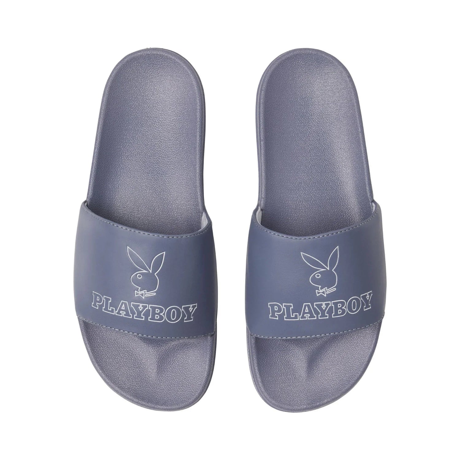 Gray slide sandals with bunny logo and text on strap, casual footwear on white background