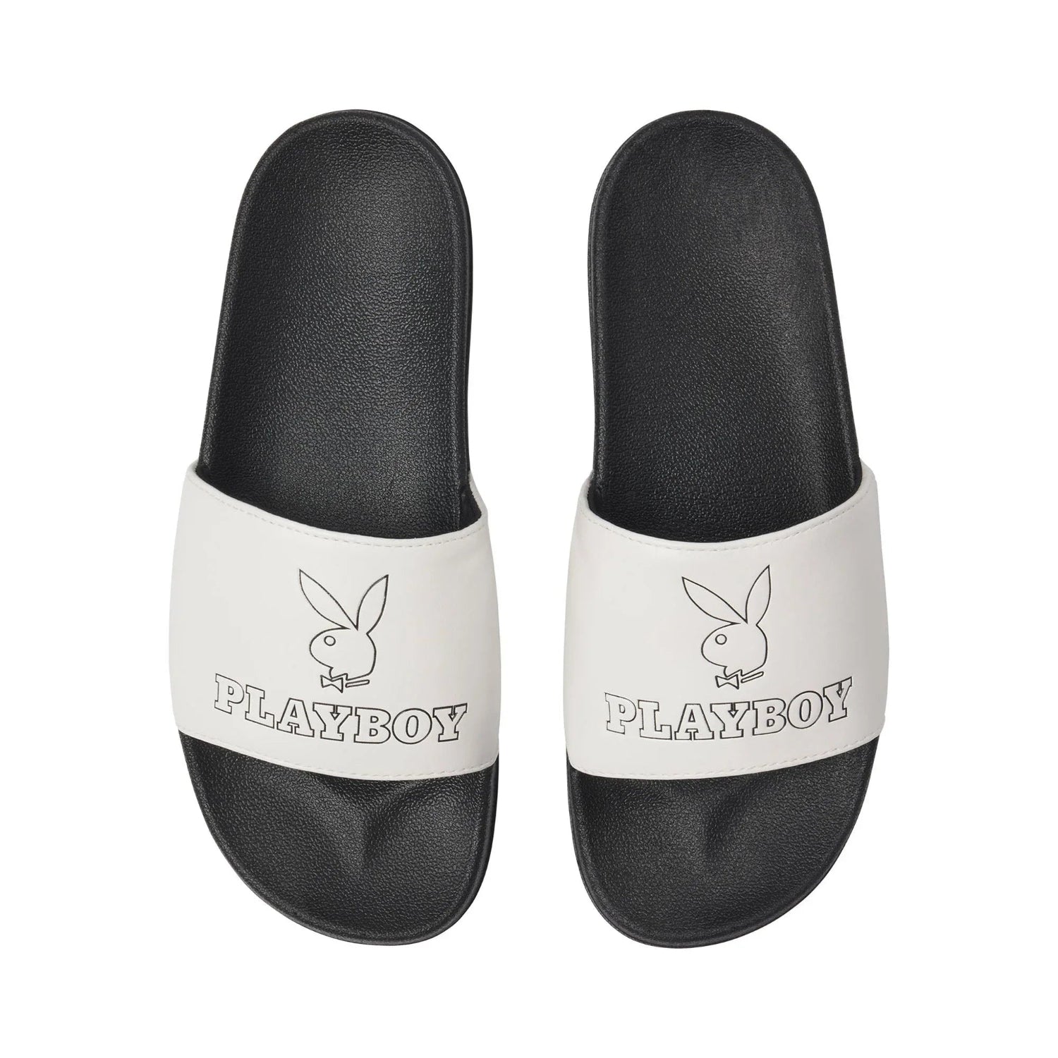 Black and white slide sandals with bunny logo and PLAYBOY text on the straps, top view