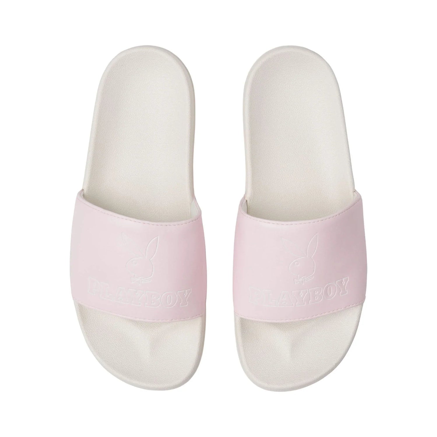 Pair of pink slide sandals with embossed bunny logo on white footbed
