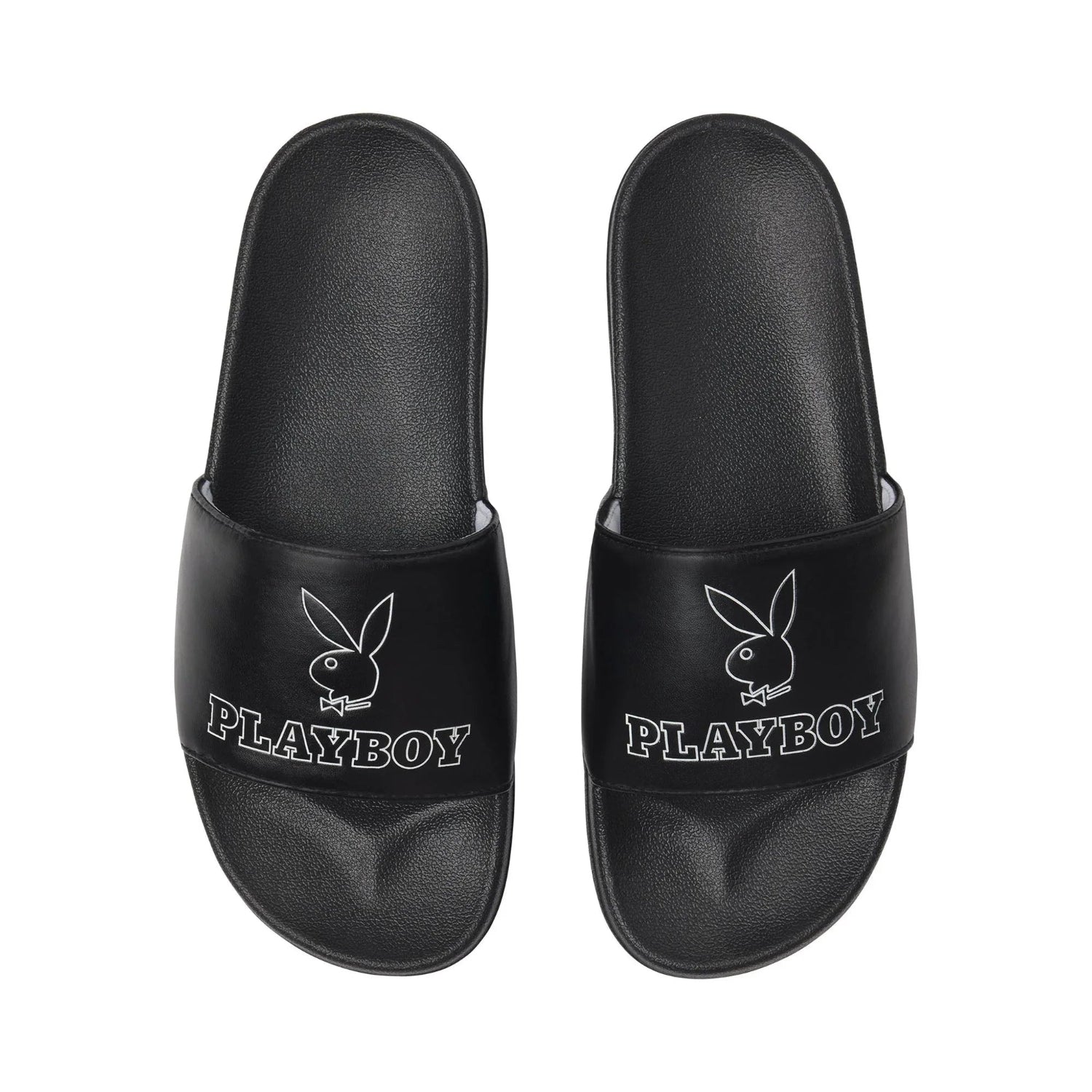Black slide sandals with white bunny logo and 'PLAYBOY' text on straps, top view