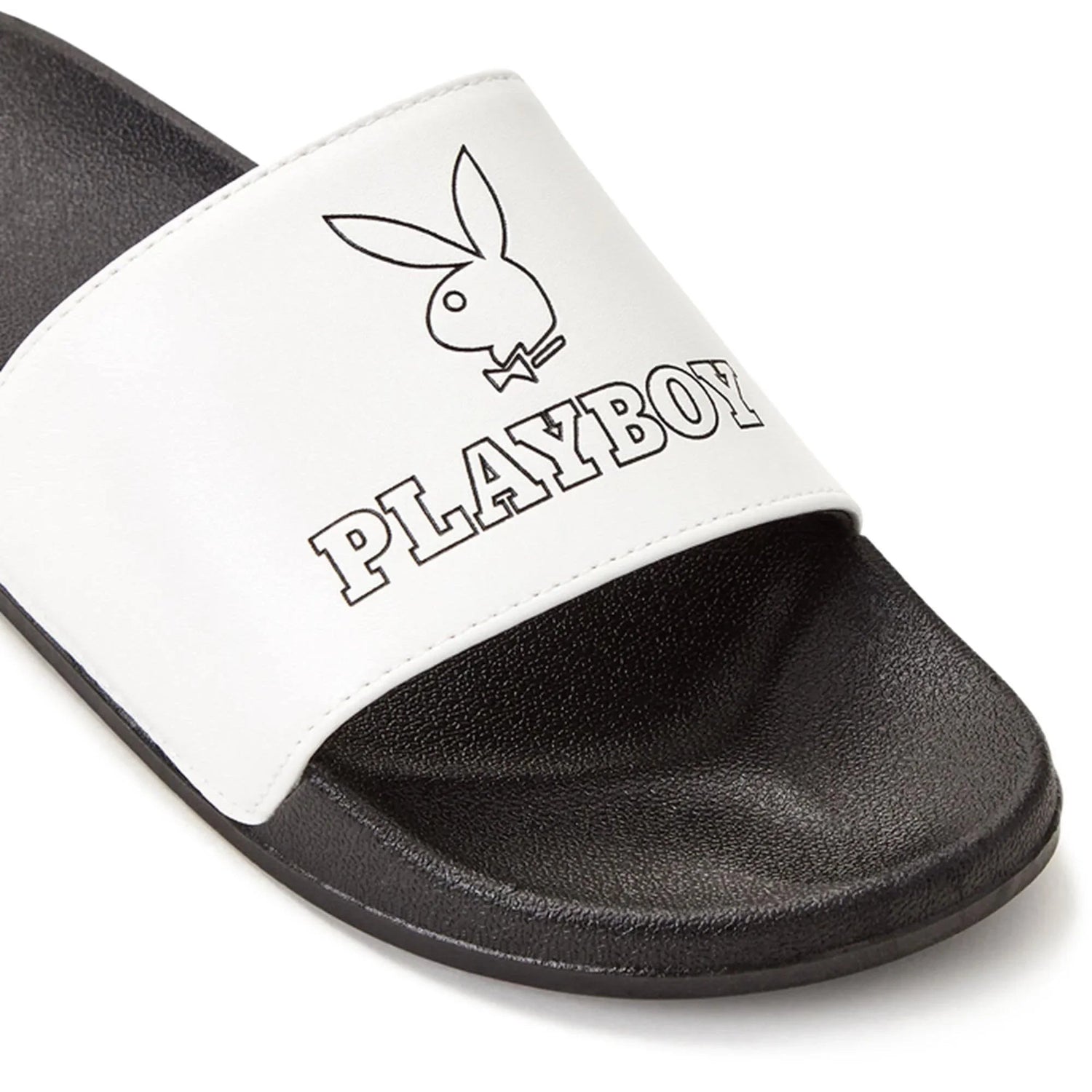 Black slide sandal with white strap featuring outlined bunny logo and PLAYBOY text