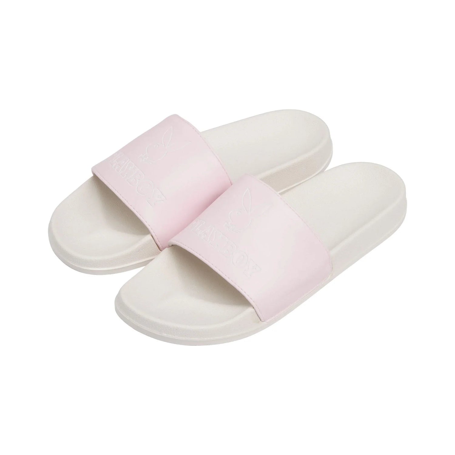 Pair of white slide sandals with light pink straps and embossed bunny logo on each strap