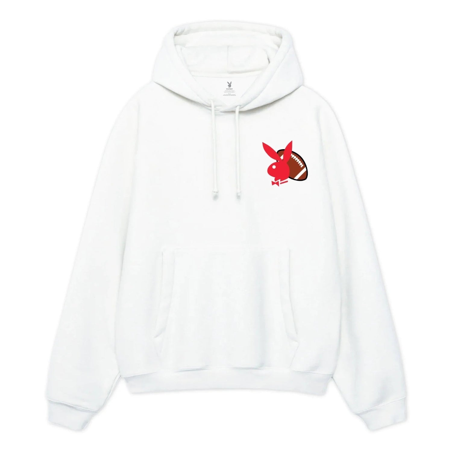 White hoodie with red bunny and football graphic on chest, front pocket, and drawstring hood