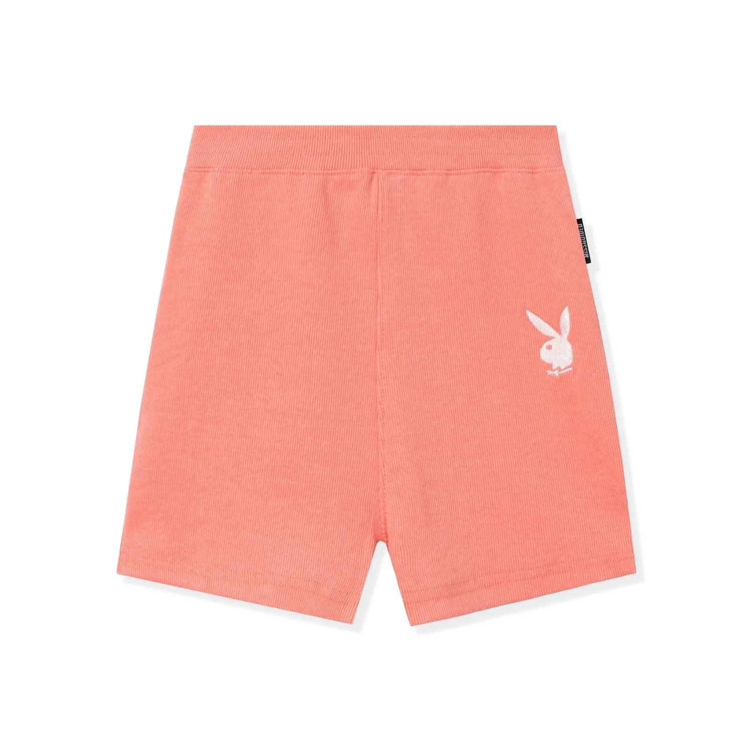 Pink classic biker shorts with white bunny logo, elastic waistband, flat lay on white background