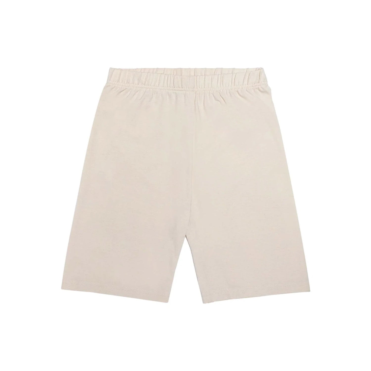 Beige classic biking shorts with elastic waistband, laid flat on white background