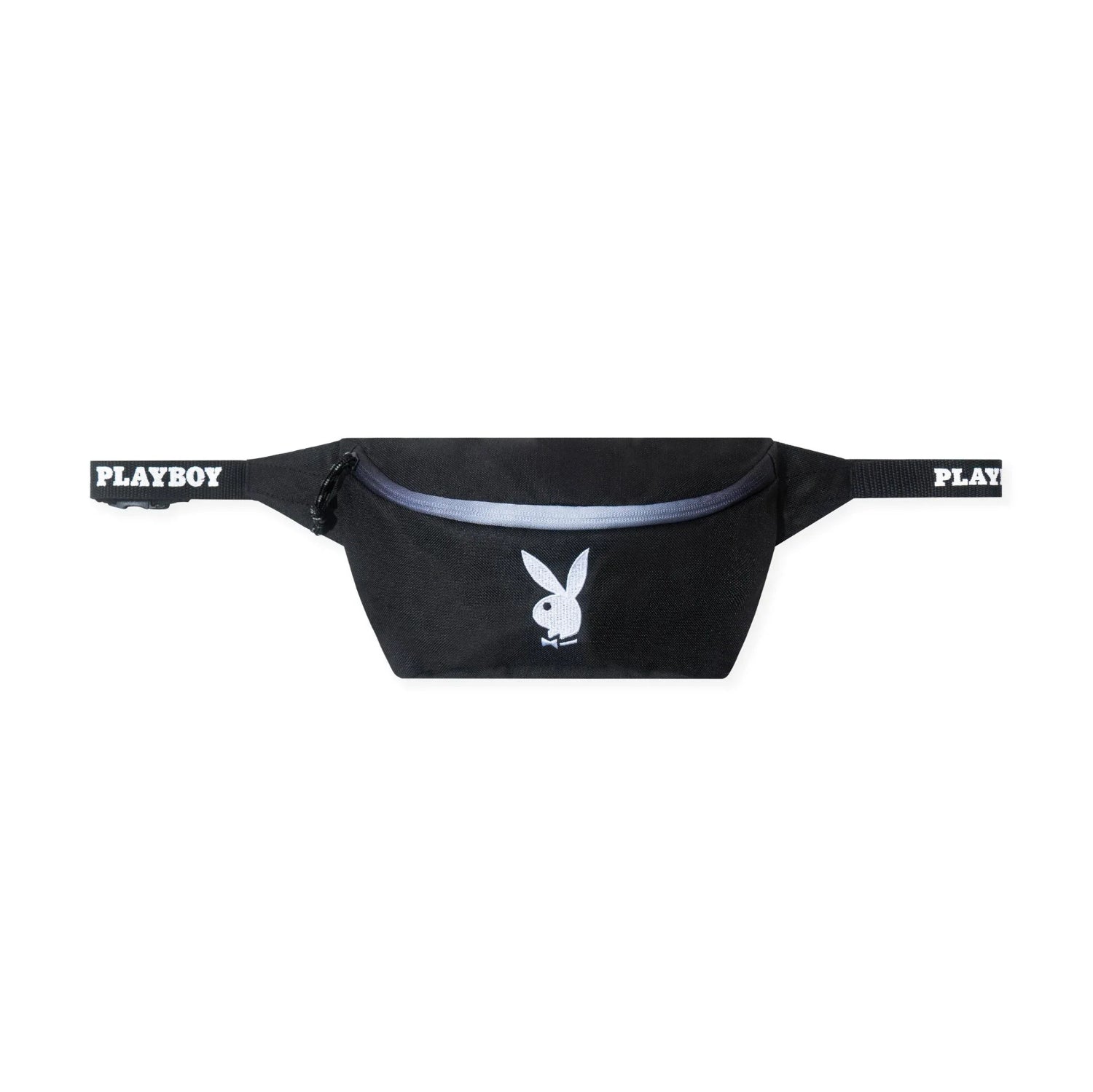 Black fanny pack with white bunny logo and 'PLAYBOY' text on the adjustable strap