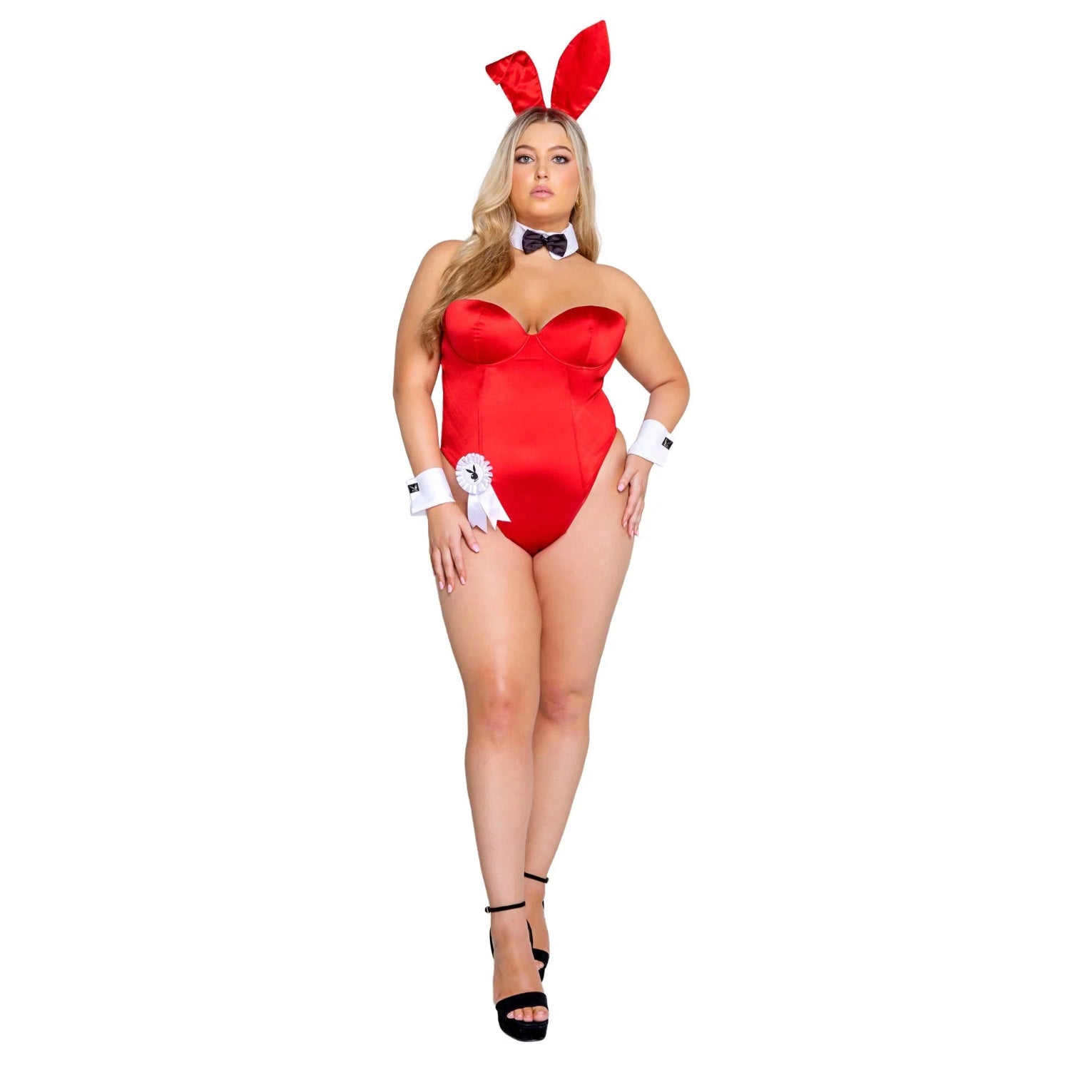 Woman wearing red bunny costume set with ears, bow tie, cuffs, and high heels