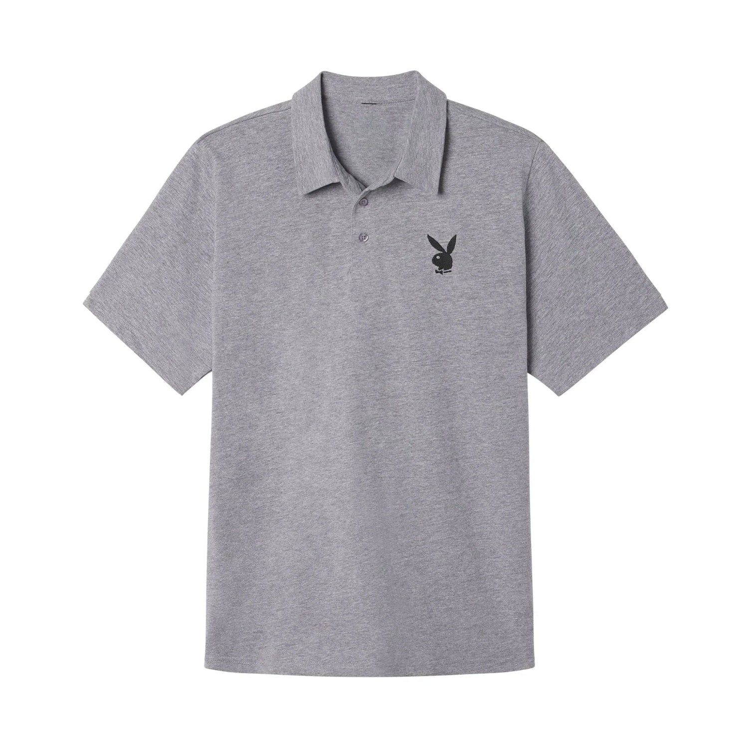 Heather gray polo shirt with black rabbit head logo embroidery on chest, short sleeves