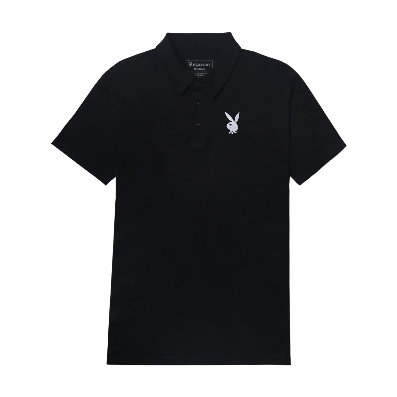 Black polo shirt with white rabbit head logo on chest, short sleeves, button collar