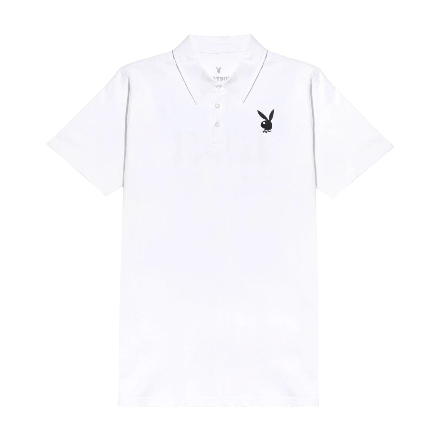 White polo shirt with black rabbit head logo on chest, short sleeves, flat lay