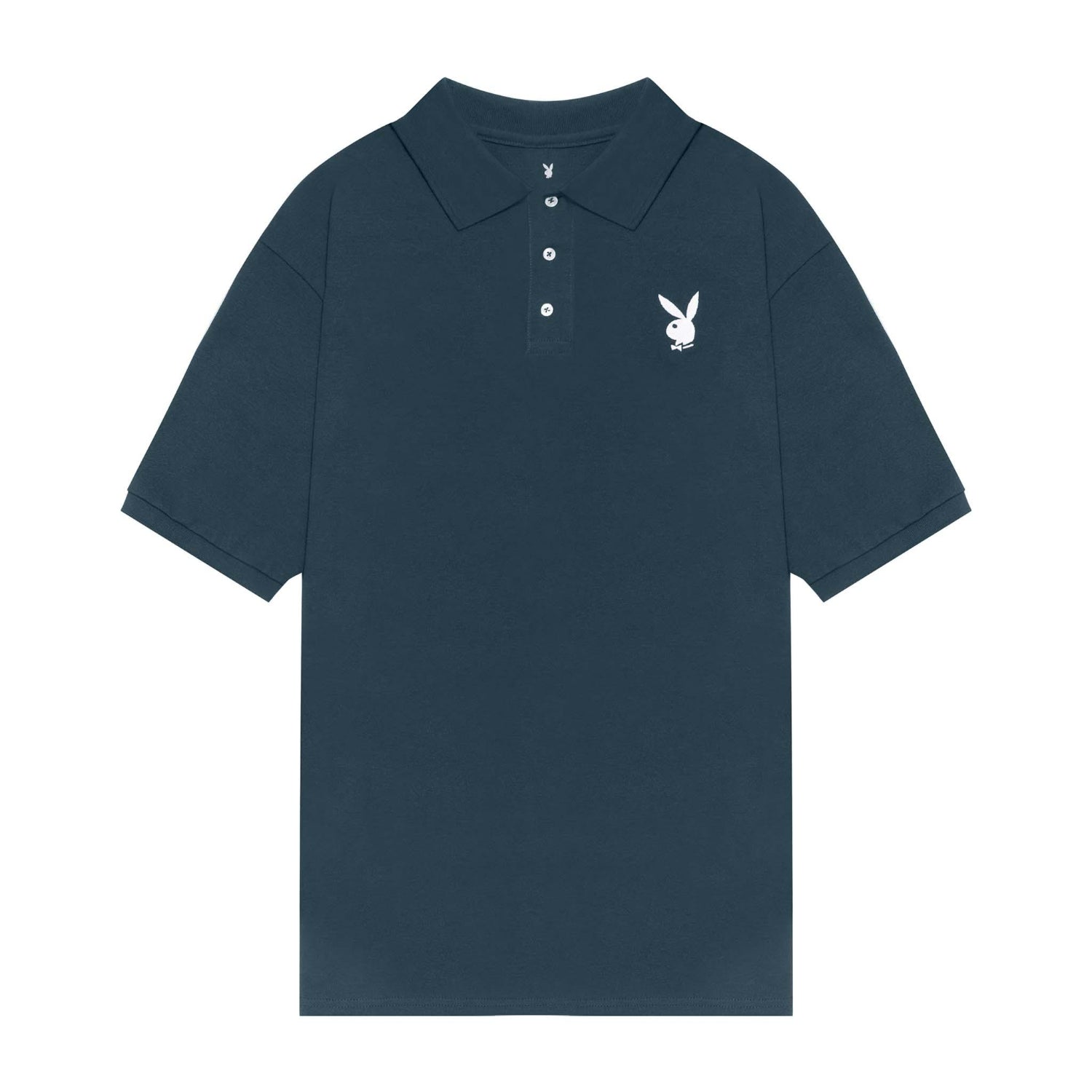 Navy blue polo shirt with white rabbit head logo on chest, short sleeves, classic fit