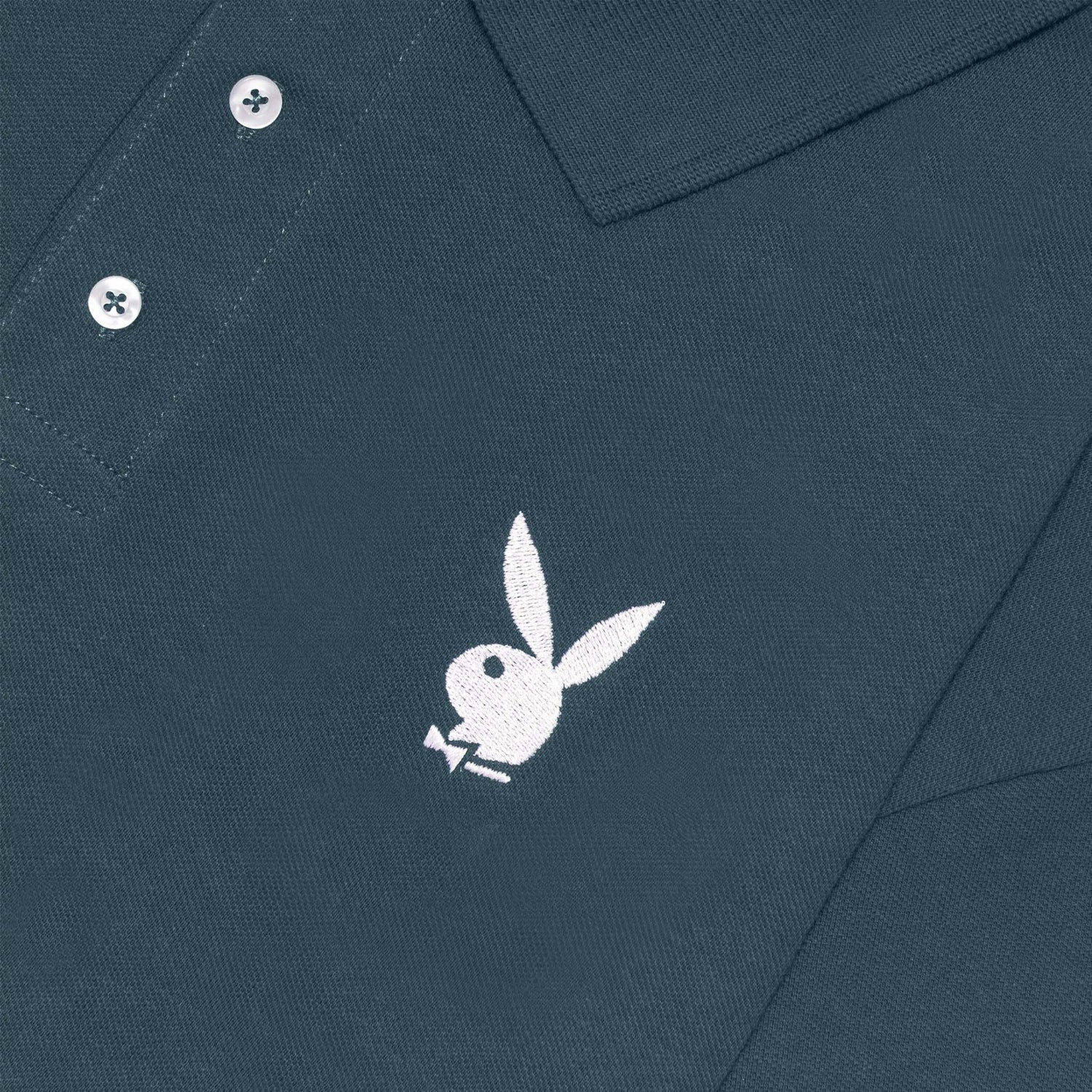 Dark blue polo shirt with white embroidered rabbit head logo and buttoned collar