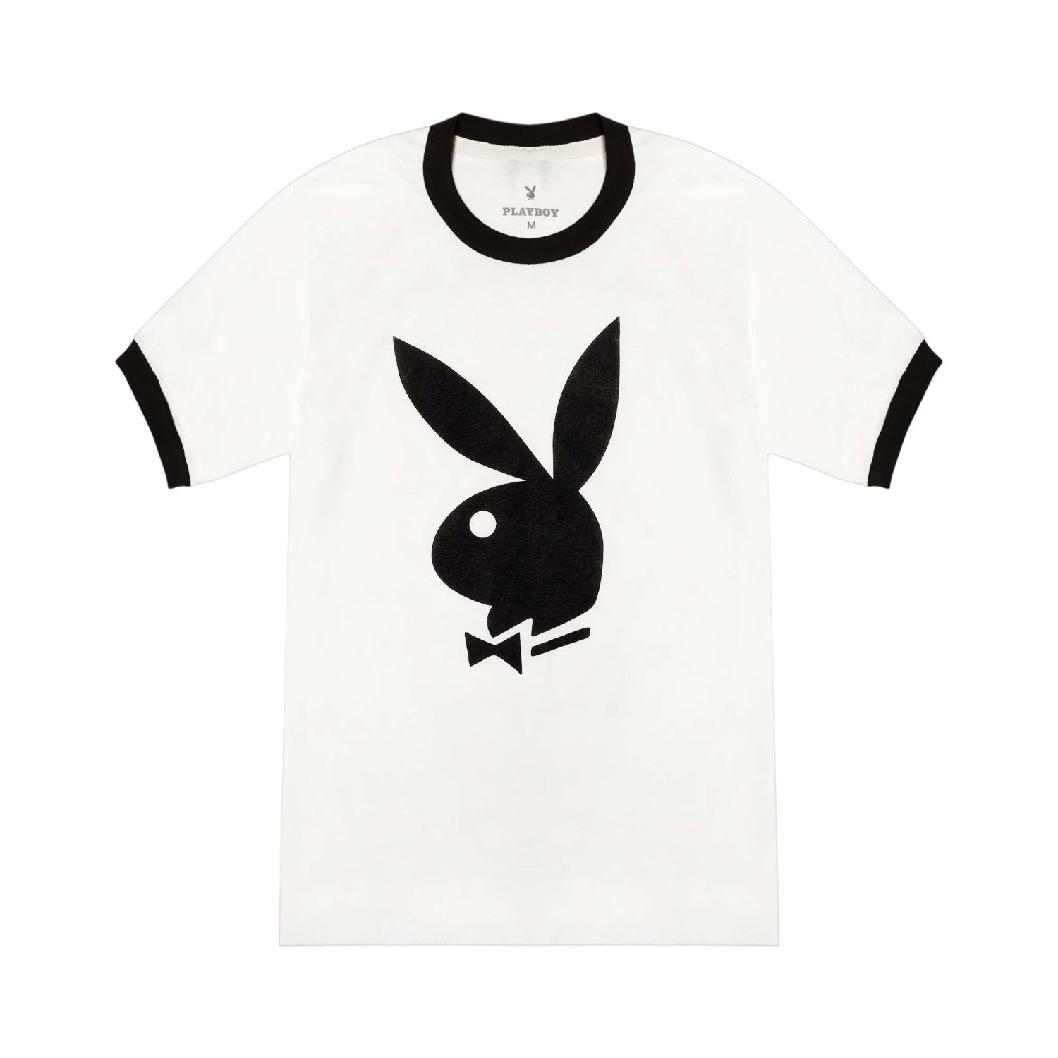 White ringer t-shirt with black collar and cuffs, featuring large black bunny head logo on front