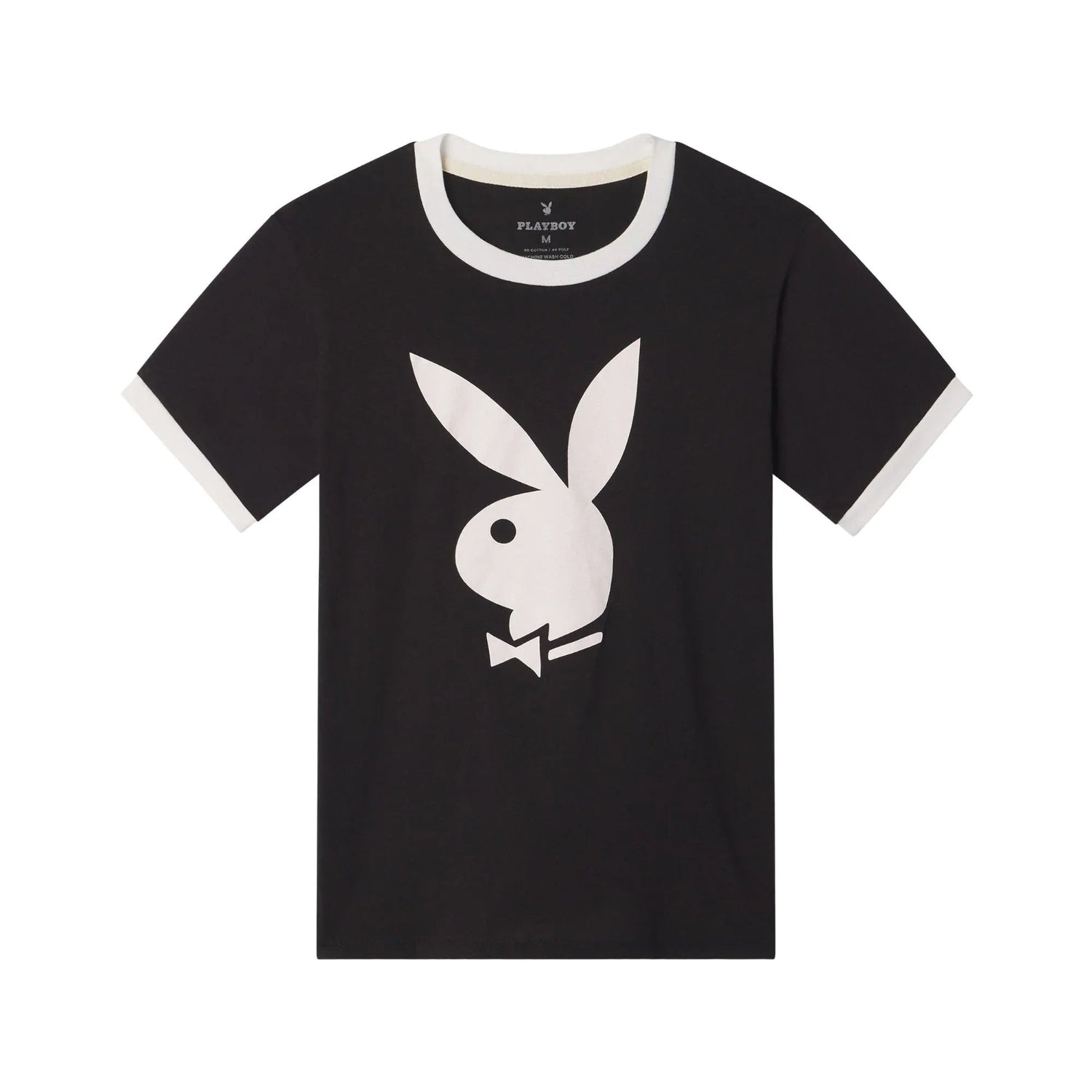 Black ringer t-shirt with white bunny logo and white trim on collar and sleeves