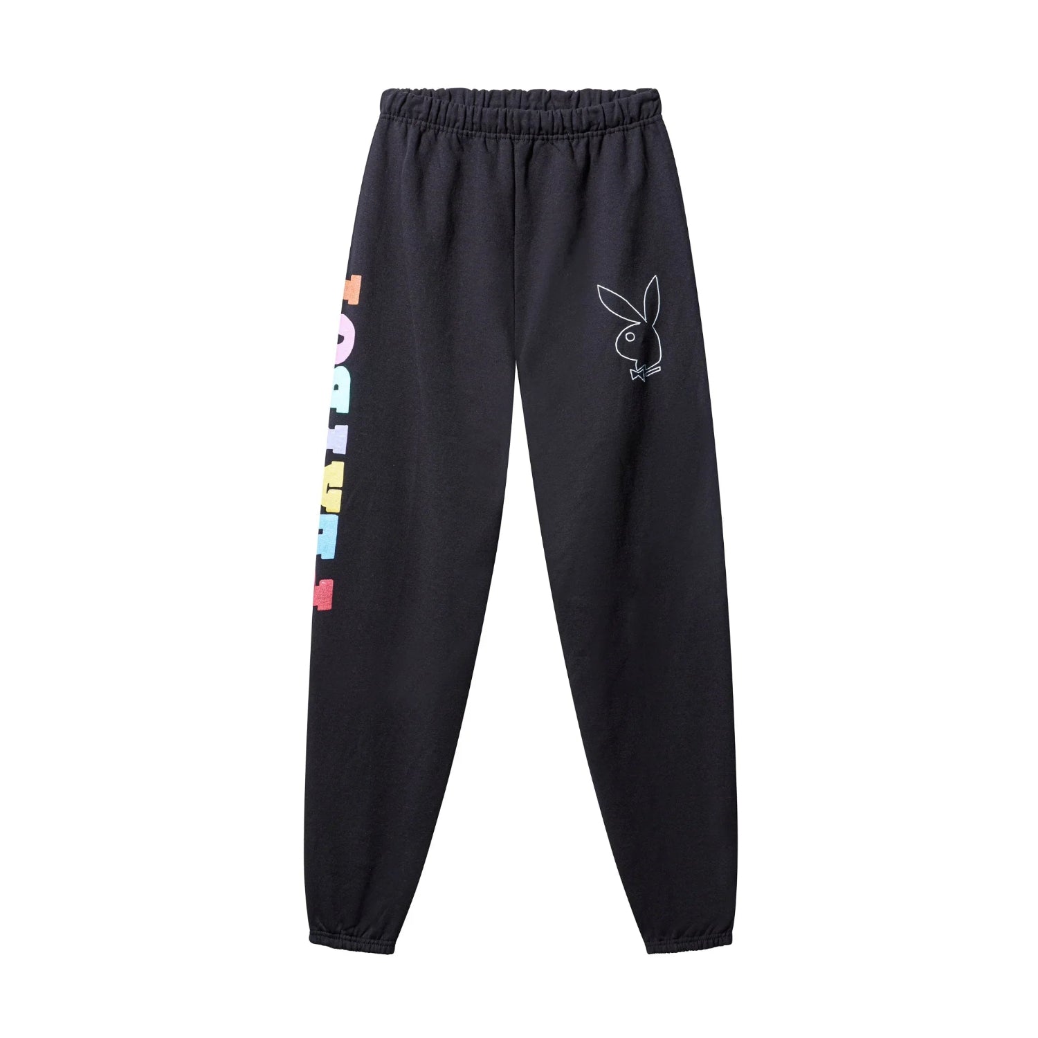 Black sweatpants with color block lettering on the leg and a white bunny graphic on the thigh
