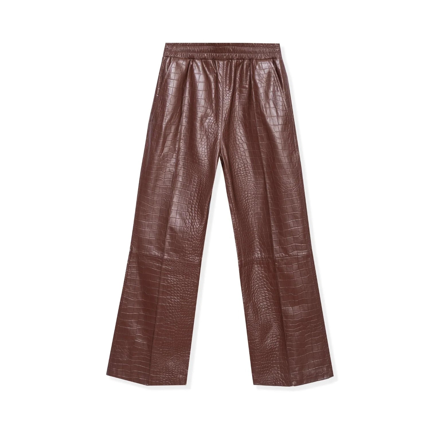 Brown crocodile-embossed faux leather flare pants with elastic waistband, flat lay