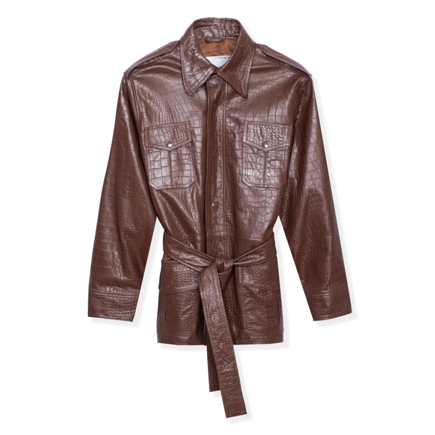 Brown crocodile-embossed leather safari jacket with belt and front pockets on white background.