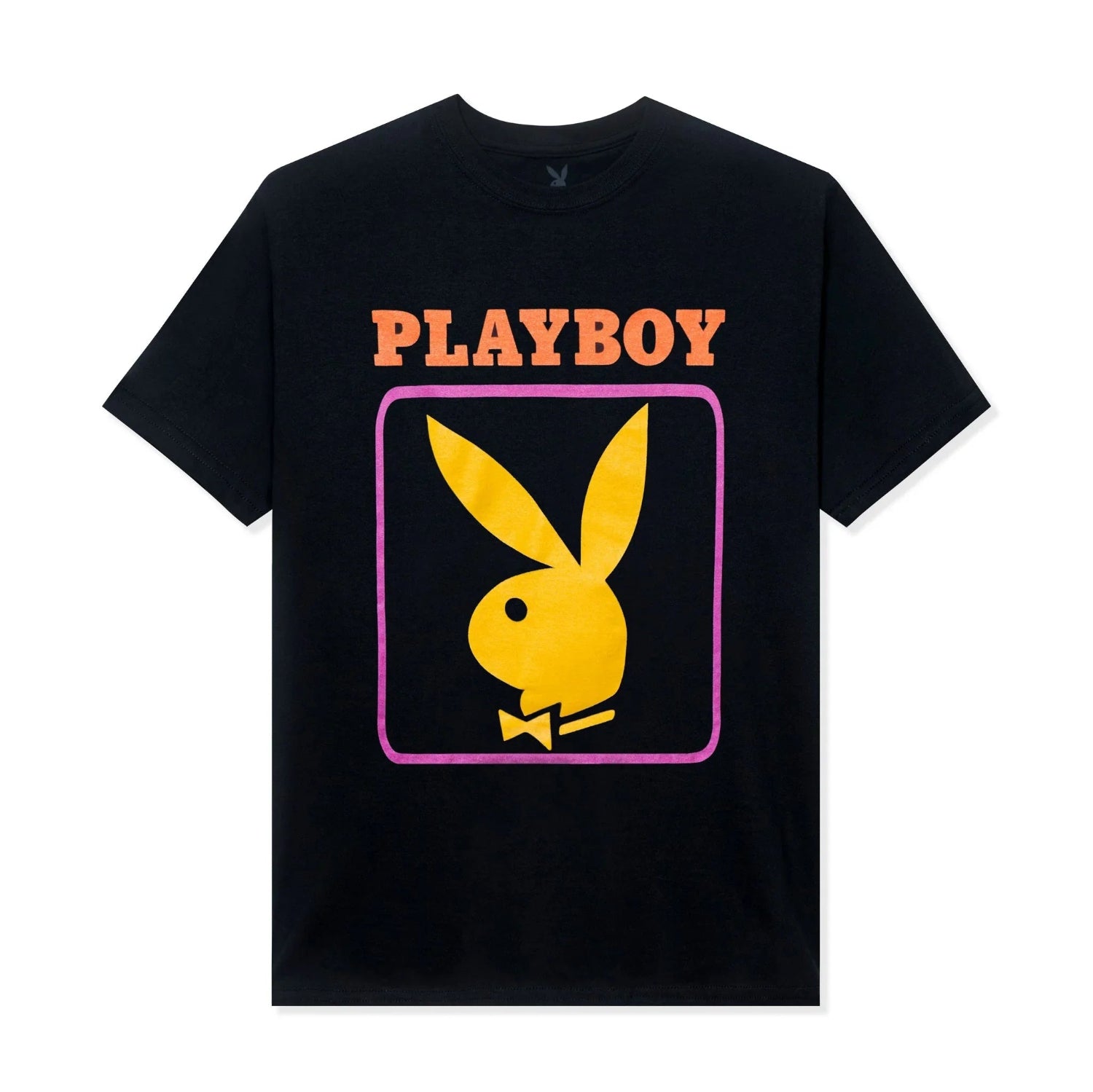 Black t-shirt with orange PLAYBOY text and large yellow bunny logo in pink-bordered square