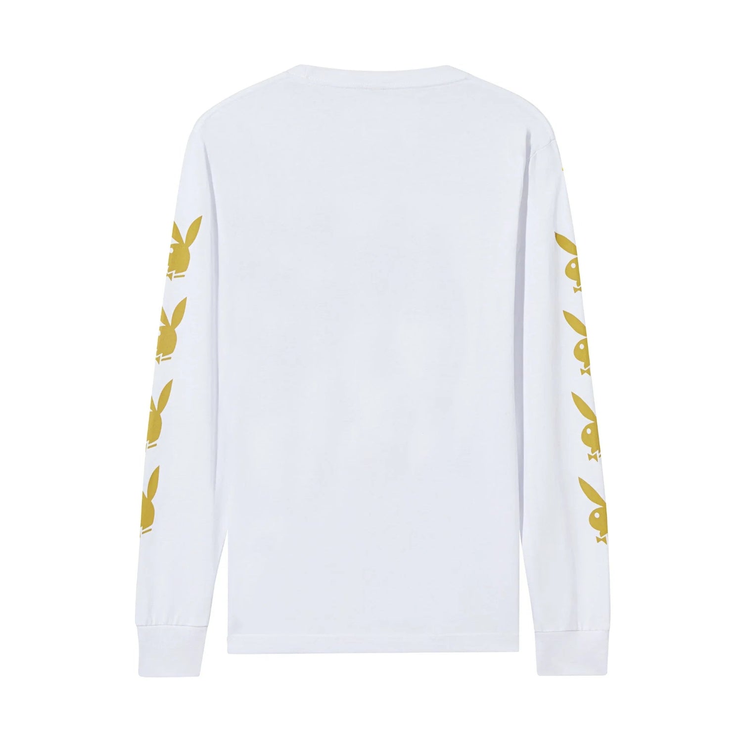 White long sleeve t-shirt with gold bunny head graphics on both sleeves, rear view