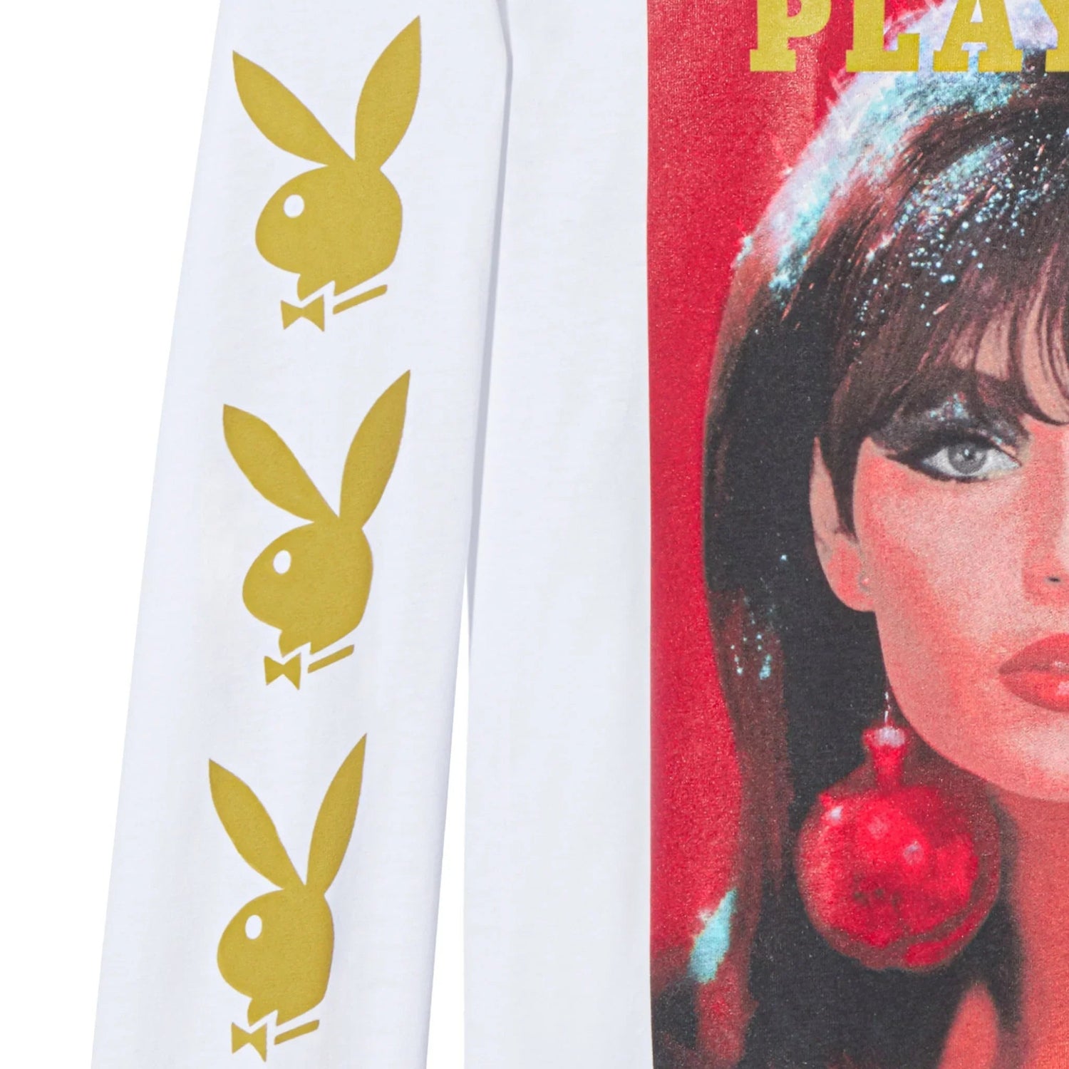 White long sleeve shirt with vintage magazine cover print and gold bunny logos on the sleeve