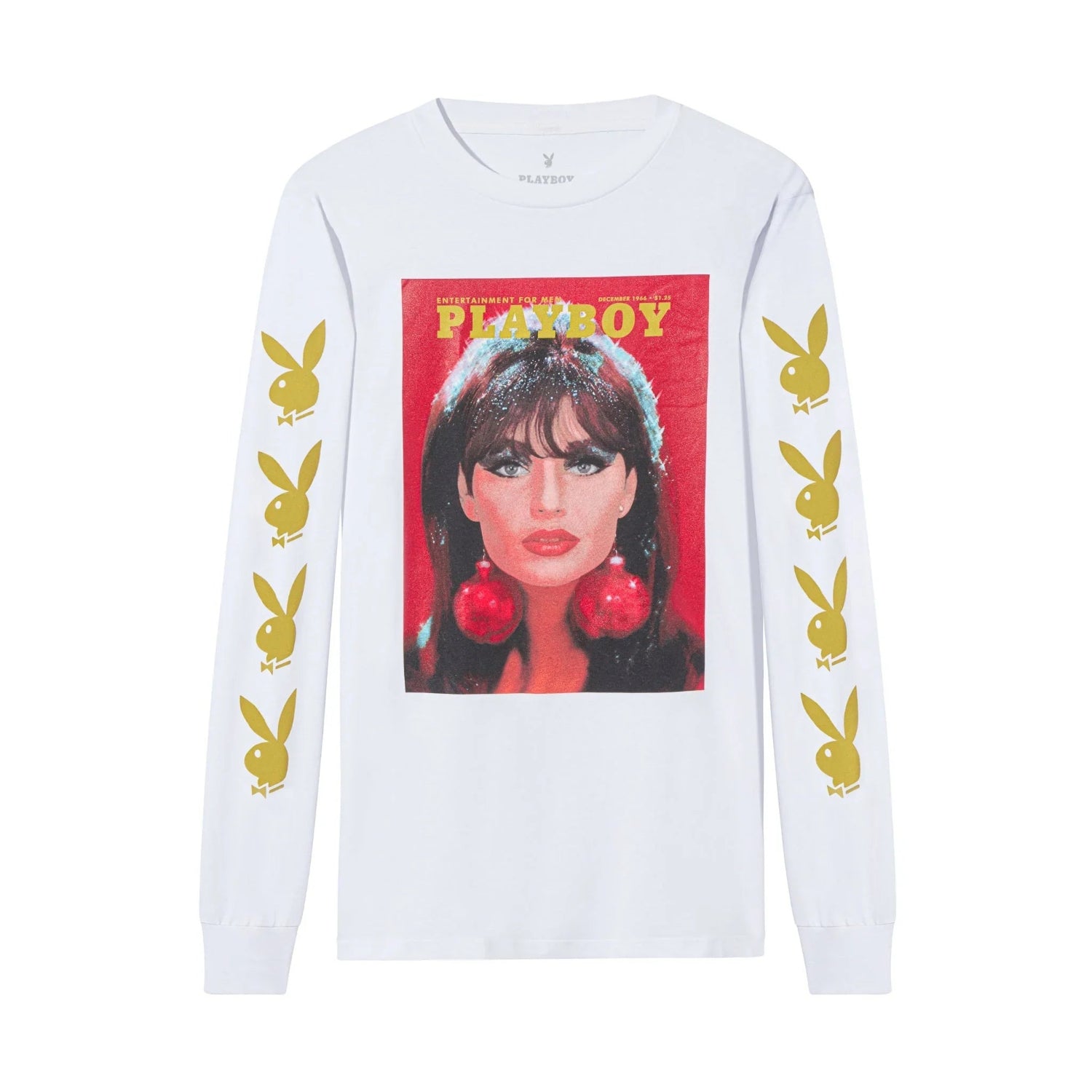 White long sleeve shirt with vintage magazine cover print, gold logos on sleeves, and woman's portrait