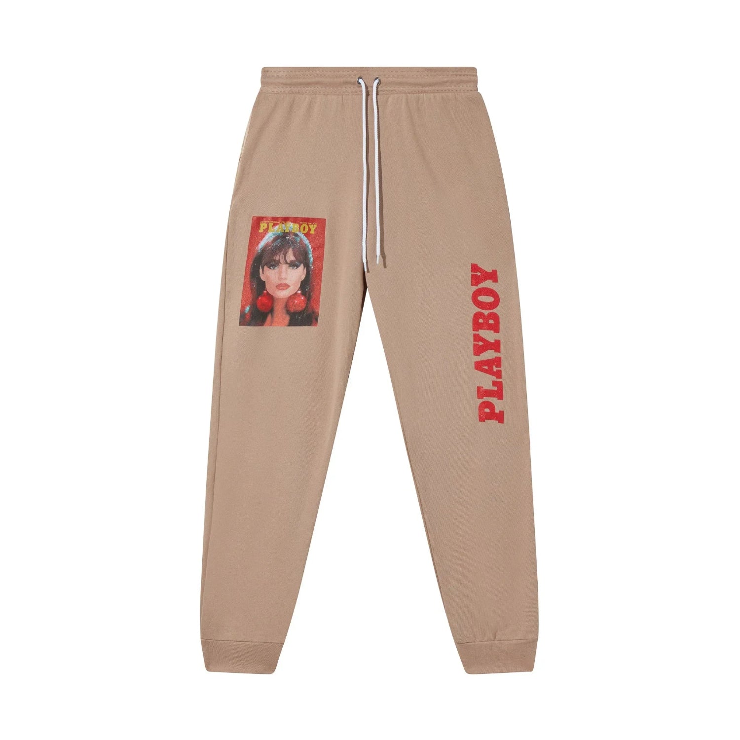 Beige sweatpants with vintage magazine cover graphic and red 'PLAYBOY' text on leg