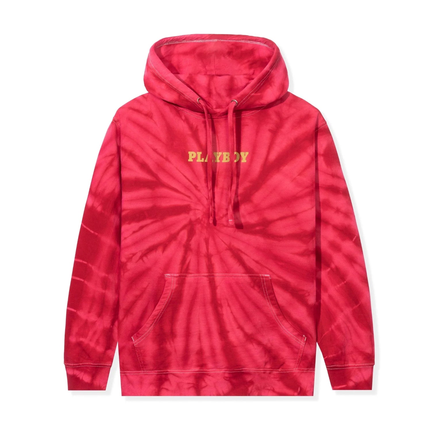 Red tie-dye hoodie with front pouch pocket and yellow PLAYBOY text on chest.