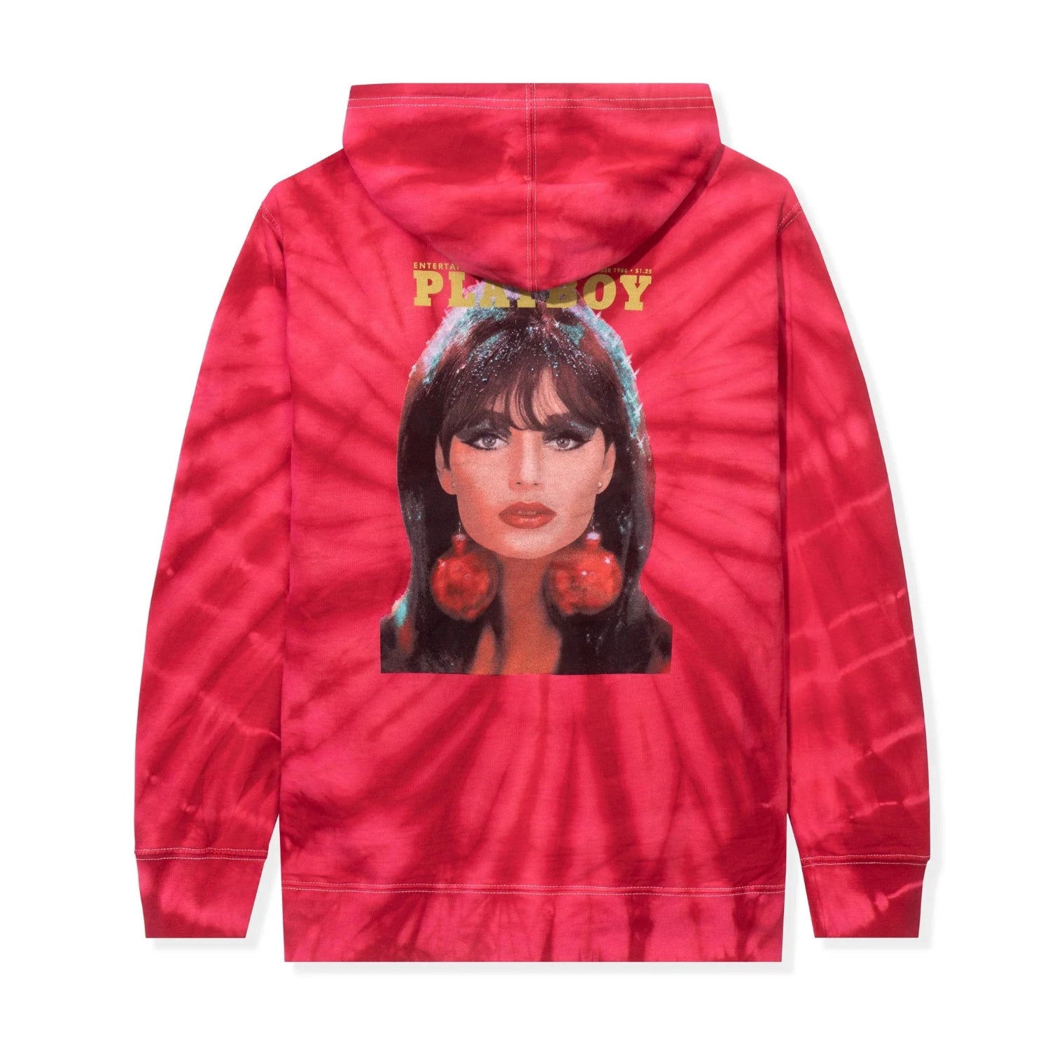 Red tie-dye hoodie with retro magazine cover graphic featuring a woman with dark hair and large earrings.