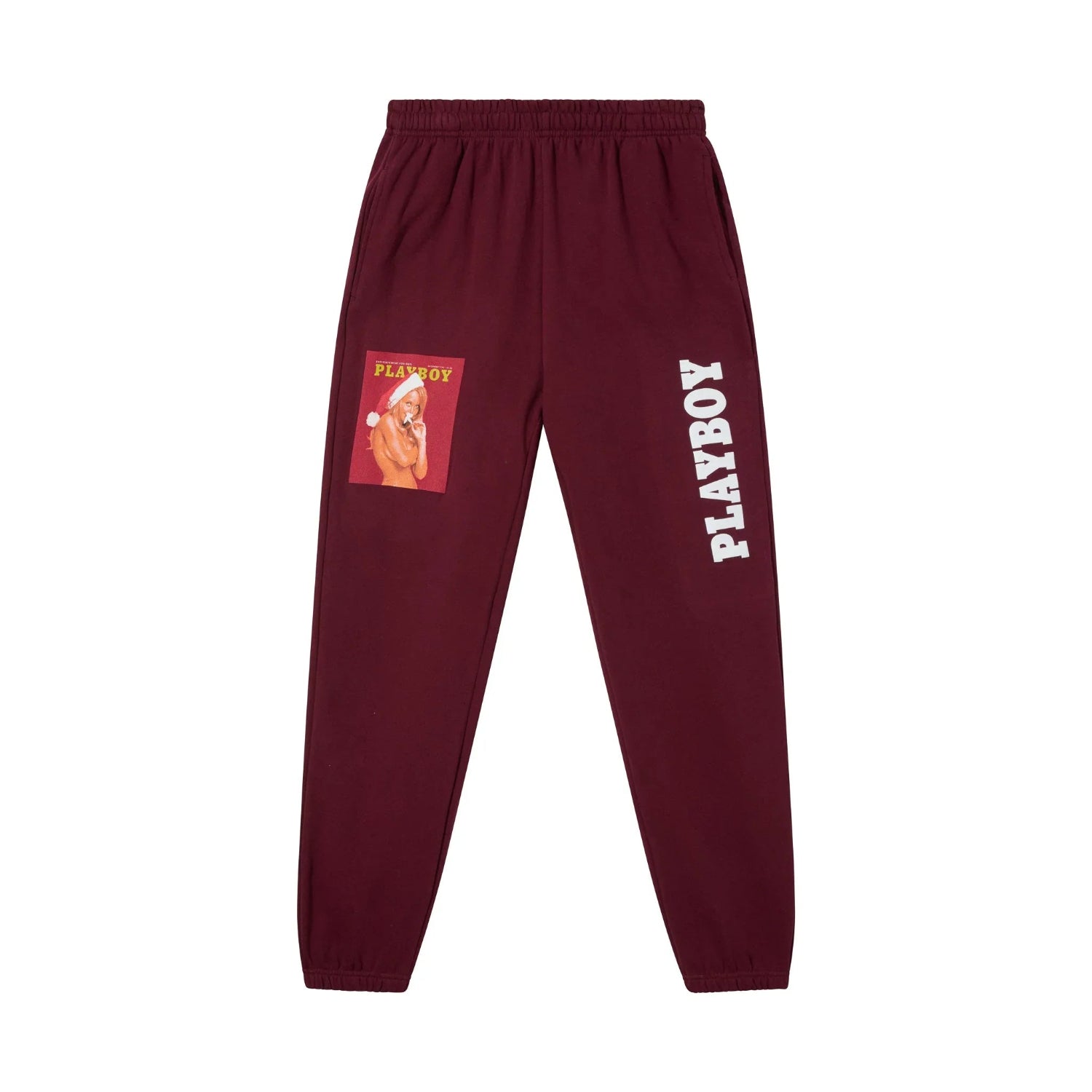 Burgundy sweatpants with December 1970 magazine cover print and PLAYBOY text graphic.