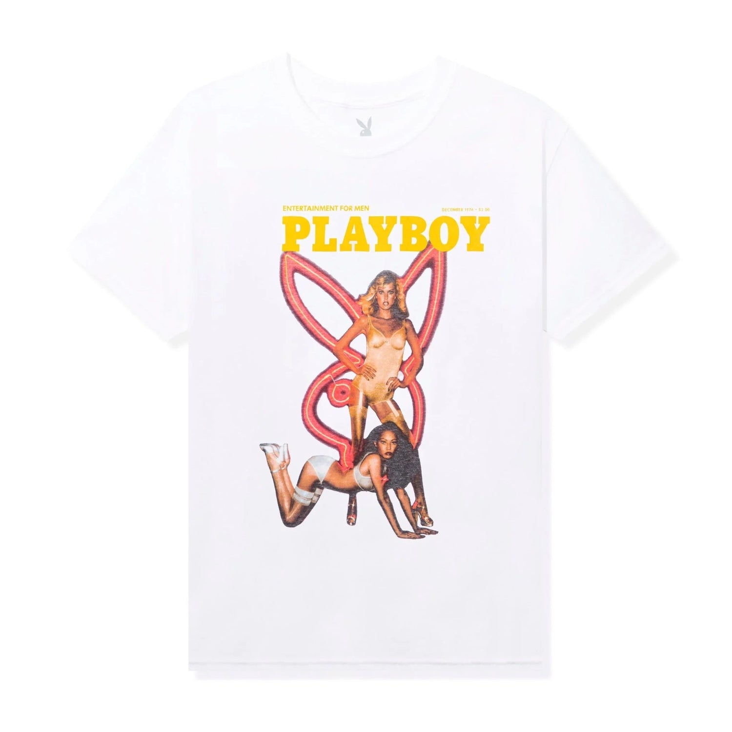 White t-shirt featuring a vintage magazine cover graphic with two women, large yellow PLAYBOY text, and red abstract shapes.