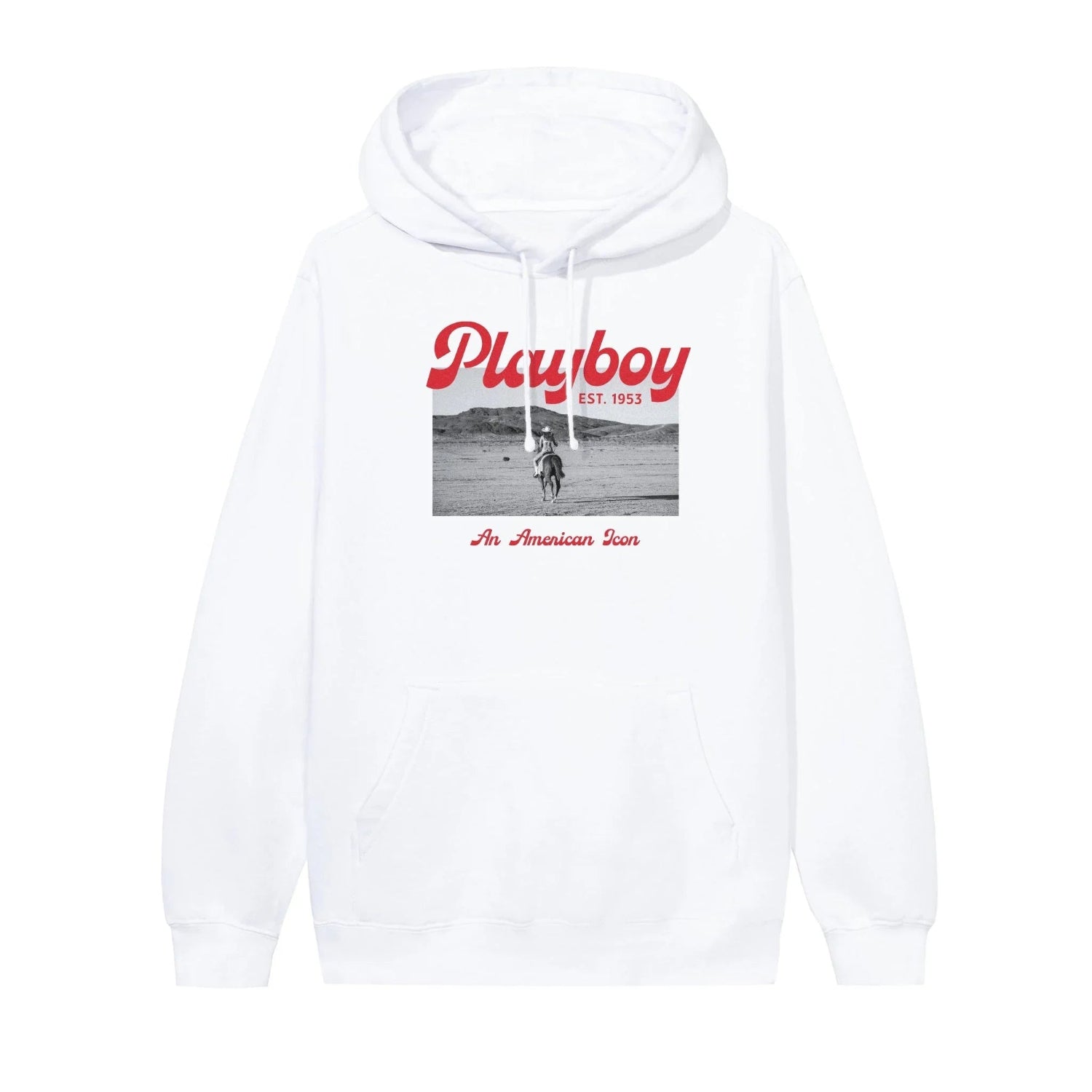 White hoodie featuring red 'Playboy' text, a black and white desert photo, and 'An American Icon' caption.