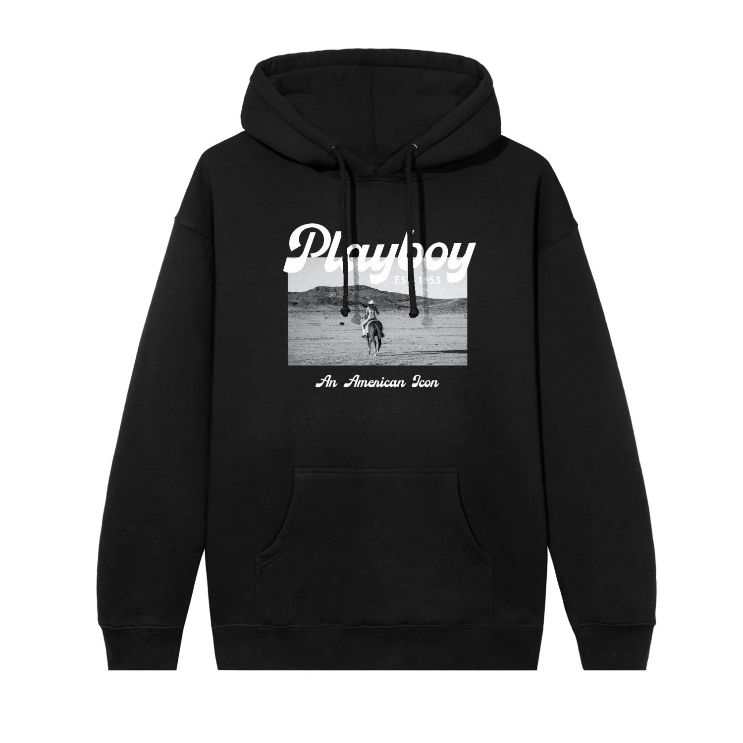 Black hoodie with vintage cowboy graphic and bold white text, front pouch pocket