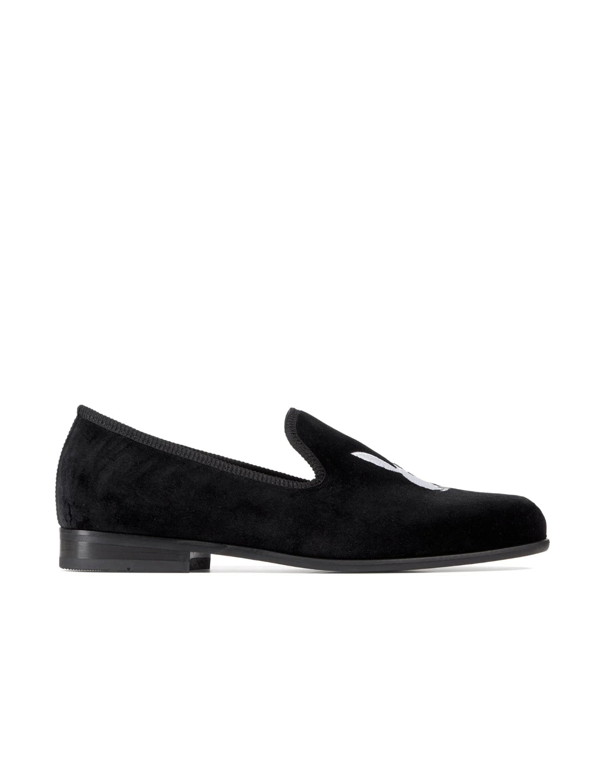 Black velvet loafer with embroidered white bunny logo on upper, men's fashion shoe