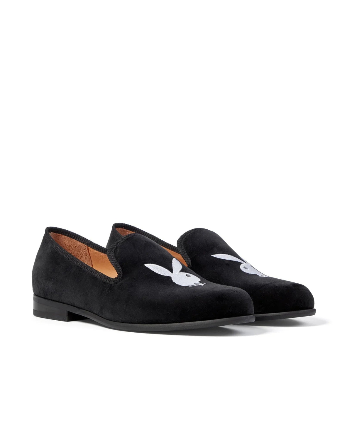 Black velvet loafers with embroidered white bunny logo, men's fashion footwear