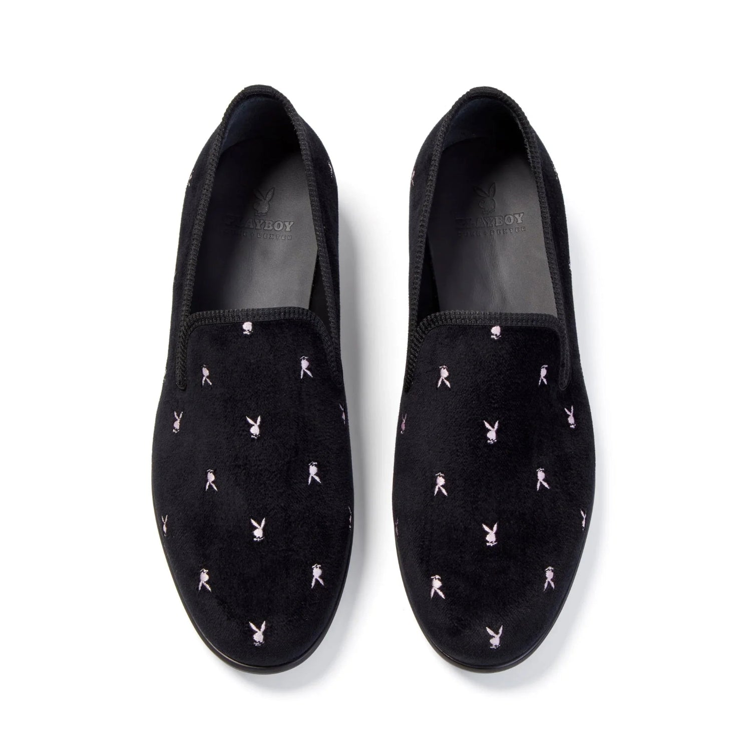 Black velvet loafers with embroidered white rabbit head pattern, men's slip-on shoes
