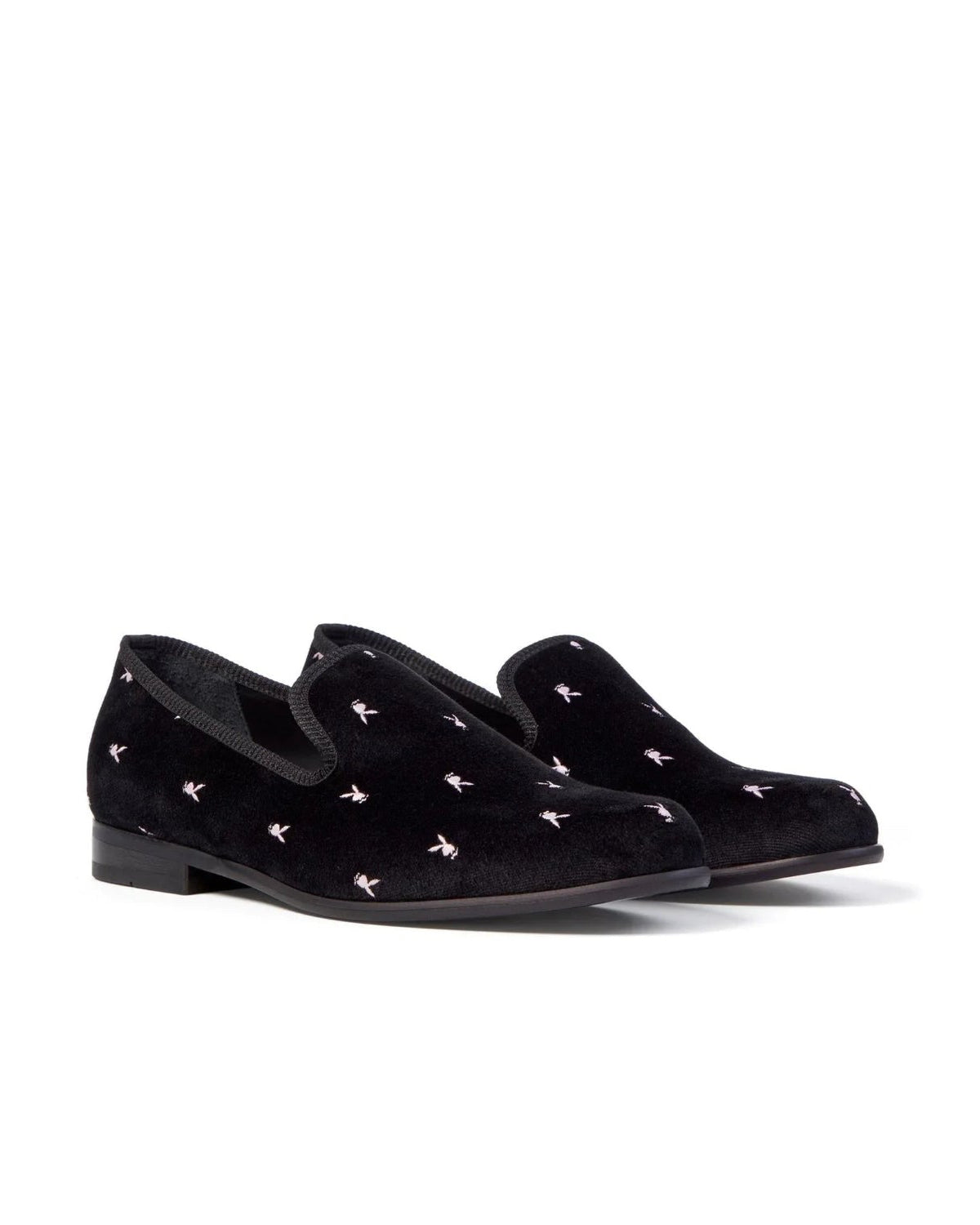 Black velvet loafers with mini white rabbit head pattern, men's slip-on dress shoes