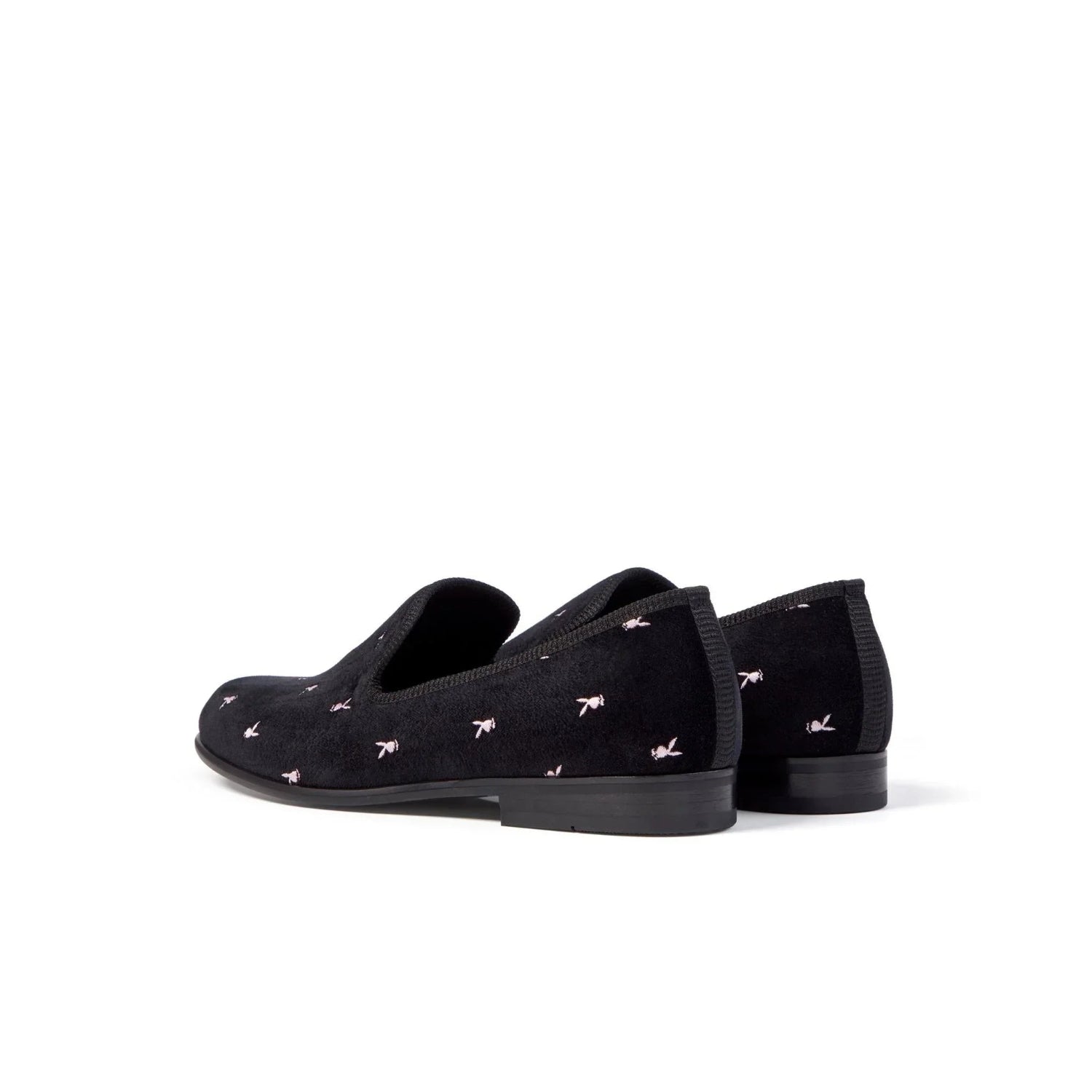 Black velvet loafers with small white rabbit head embroidery, men's footwear on white background