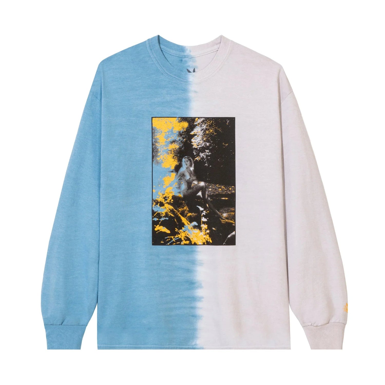 Dip-dye long sleeve shirt with blue and white split, featuring nature photo graphic.