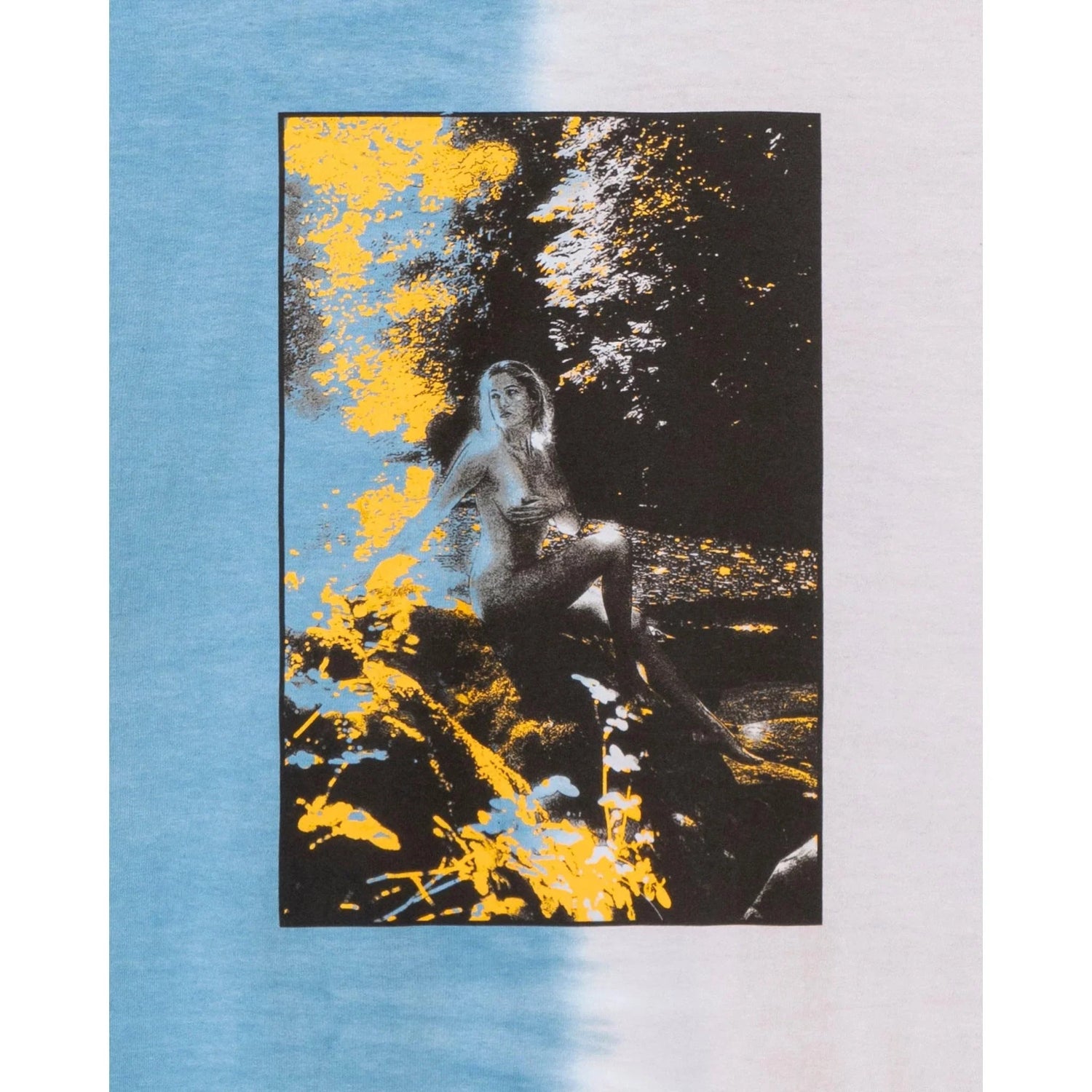 Dip-dye long sleeve shirt with artistic print of a woman in a nature scene with yellow and blue accents