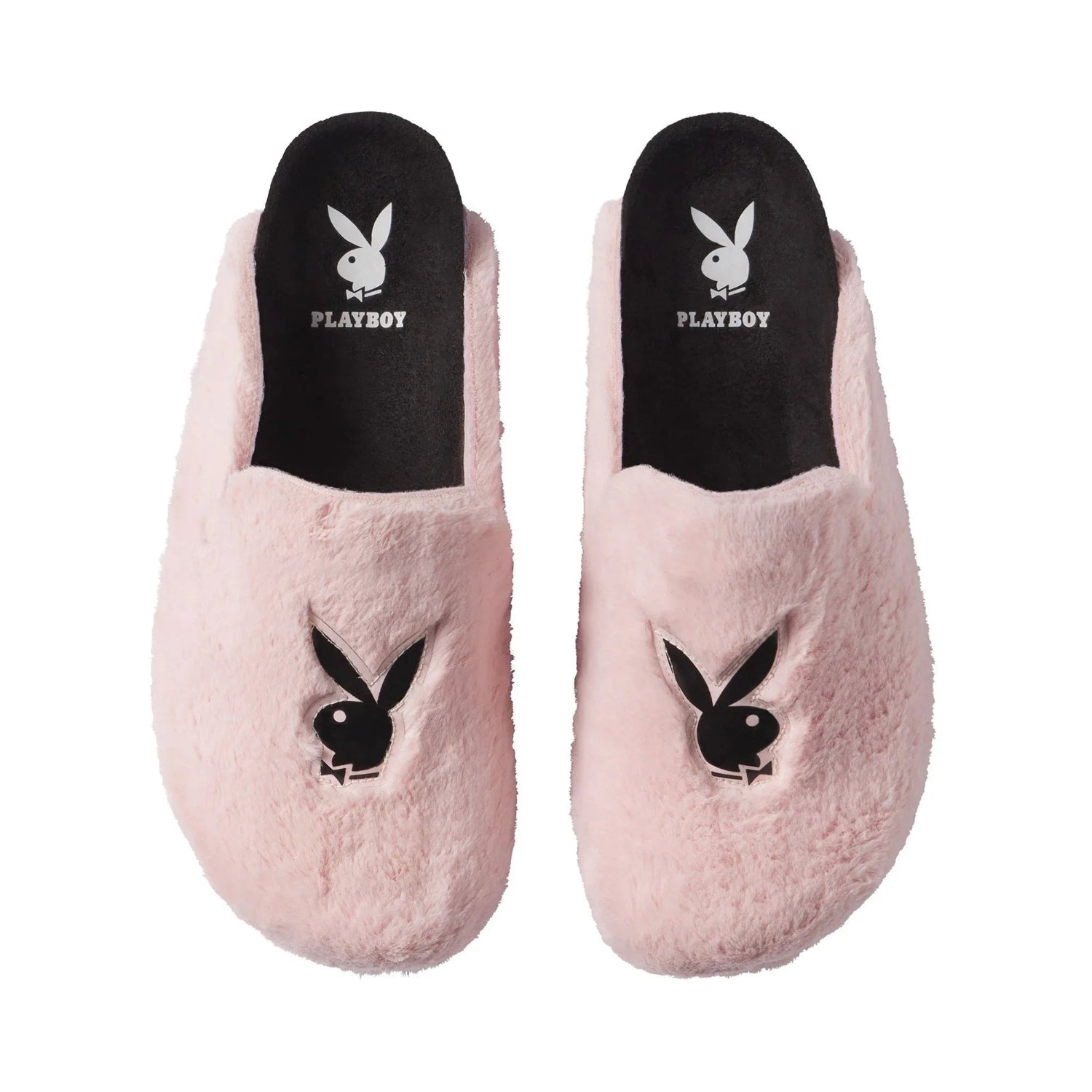 Pair of pink fuzzy slide slippers with black bunny logo and black insoles, cozy footwear