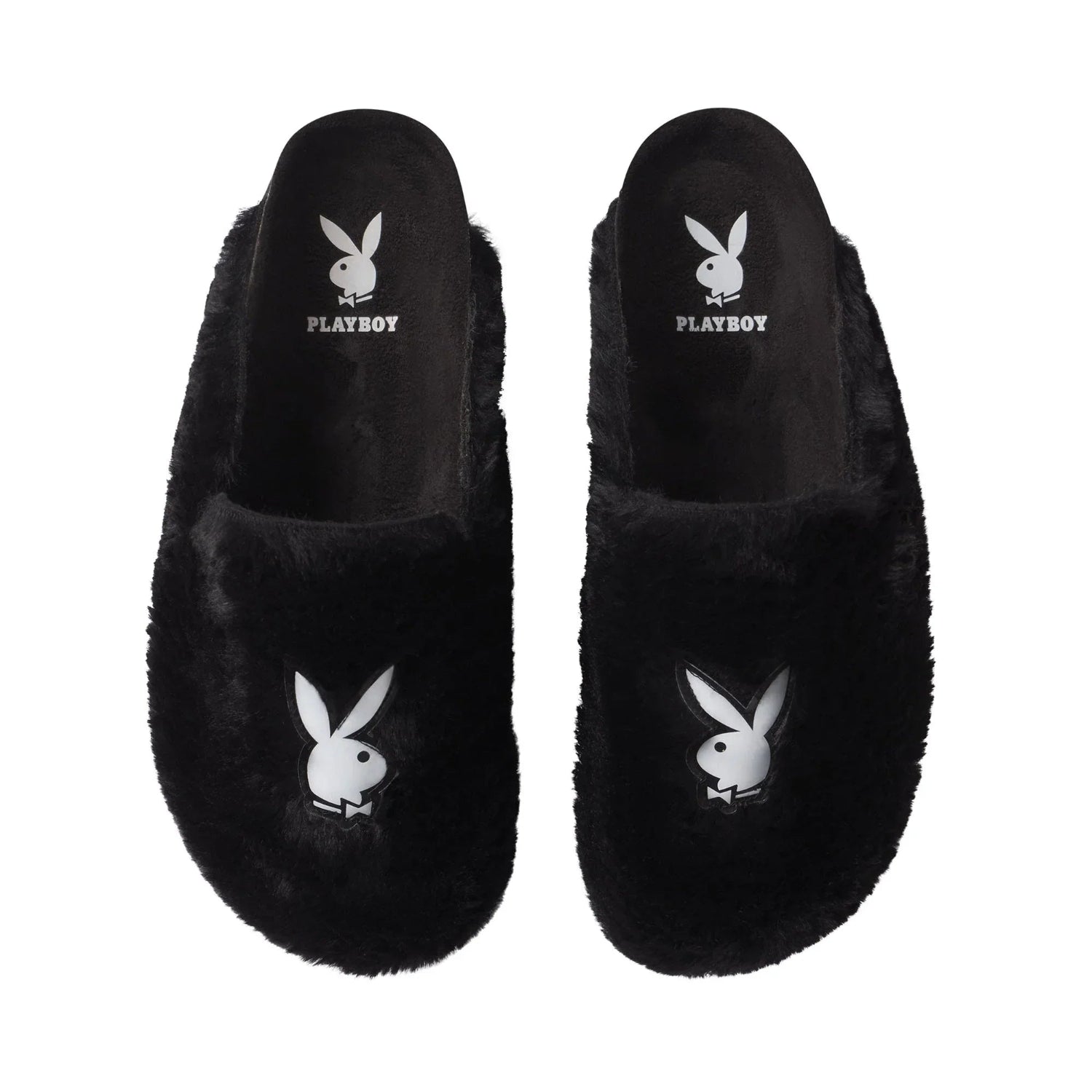 Black fuzzy slides with white bunny logo on top, cozy women's slippers