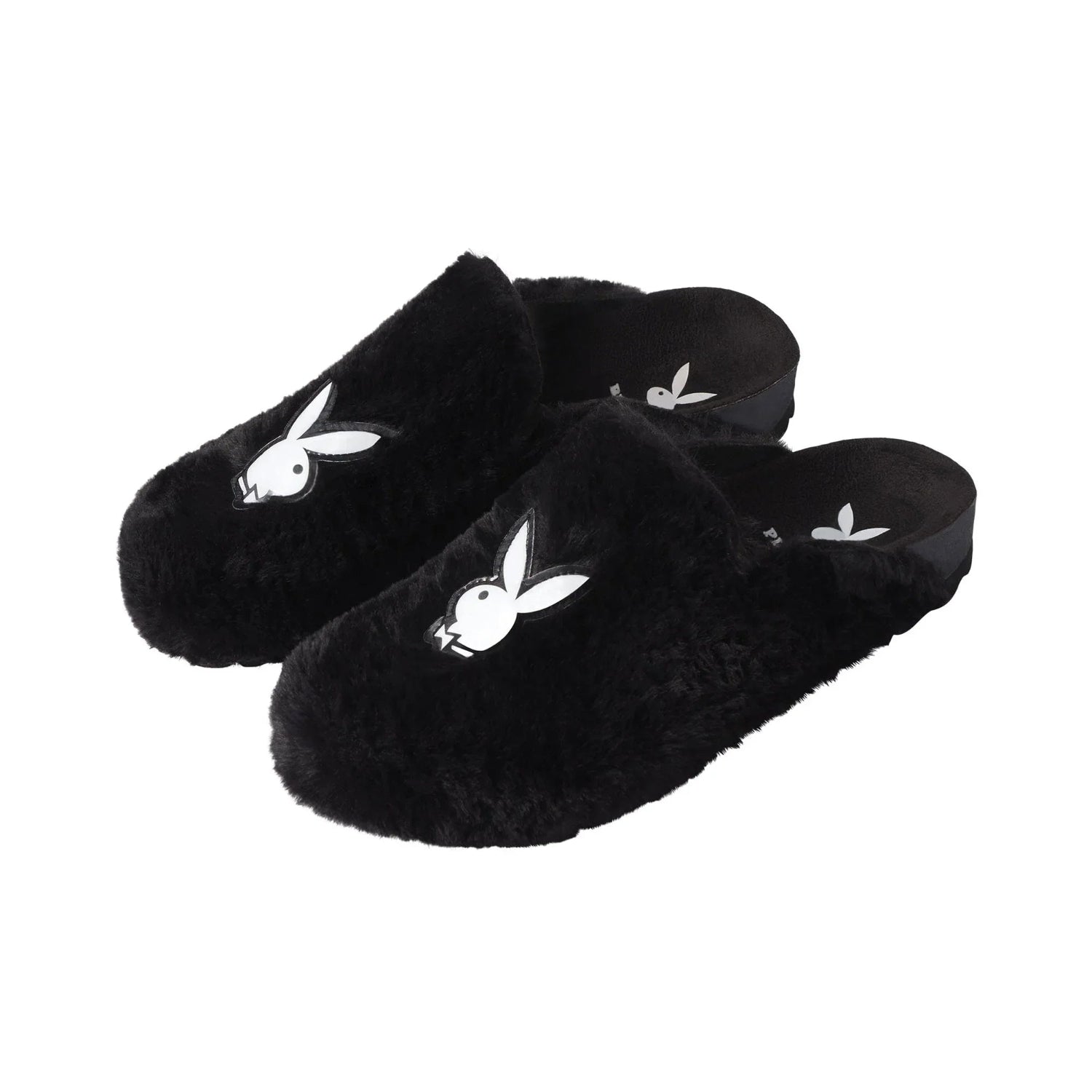 Black fuzzy slides with white bunny logo, cozy indoor house slippers, stylish loungewear.