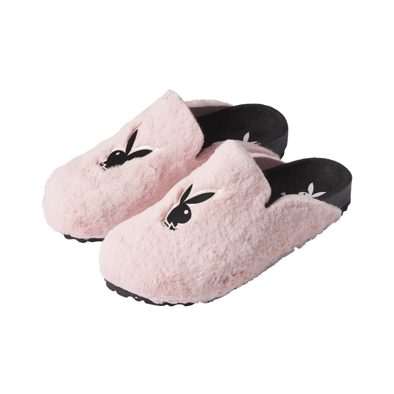 Pair of pink fuzzy slides with black bunny logo, cozy women's slippers, white background